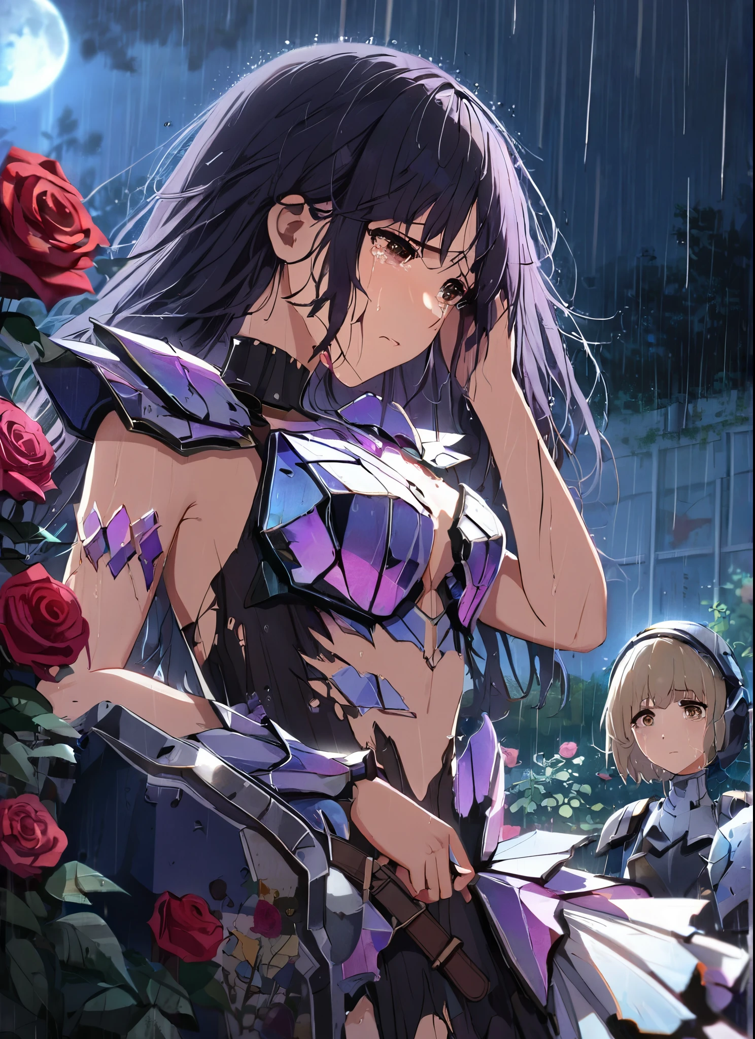 three girls, heartbroken, wearing a ultra shattered and ultra broken cute skimpy butterfly armor, lot of missing pieces, very damaged armor ,ripped clothes, broken helmet ,broken shield and broken sword, in tears, sad, dramatic scene, tears flowing in the face, garden, roses, rain, ultra detailed face, night, moonglow, light of the moon