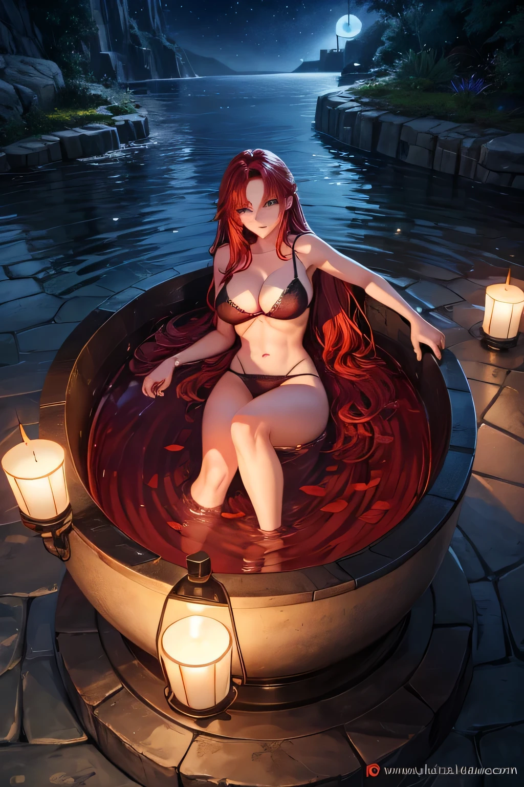 rating_explicit, woman, red hair, long hair, red lipstick, sit, hot Springs, naked, doggystyle sex, night background