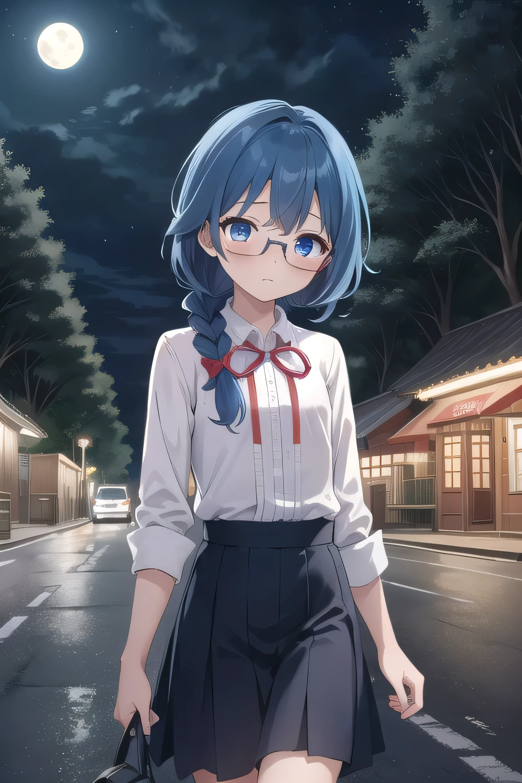 small breasted girl, short, elementary school student, blue hair, single braid, blue eyes, round eyes, shy, shy, , short, young face, short height, , glasses with no edges,flat chest,night,walking,night, dark, moonlight,in the forest,beautiful eyes