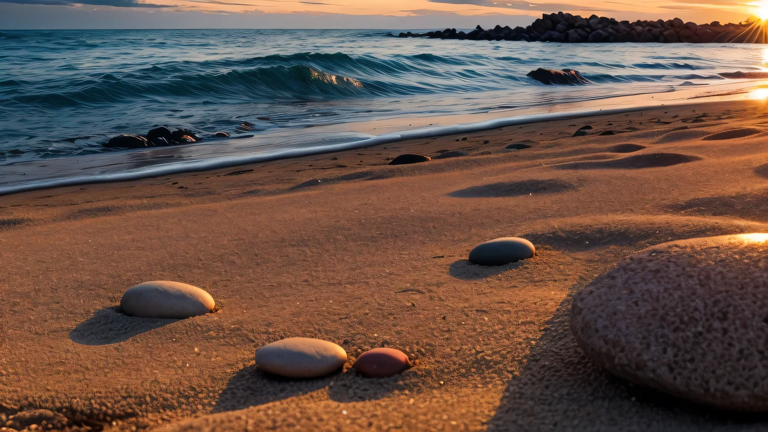 A small pebble beach，Sunset，close up，Colorful。
