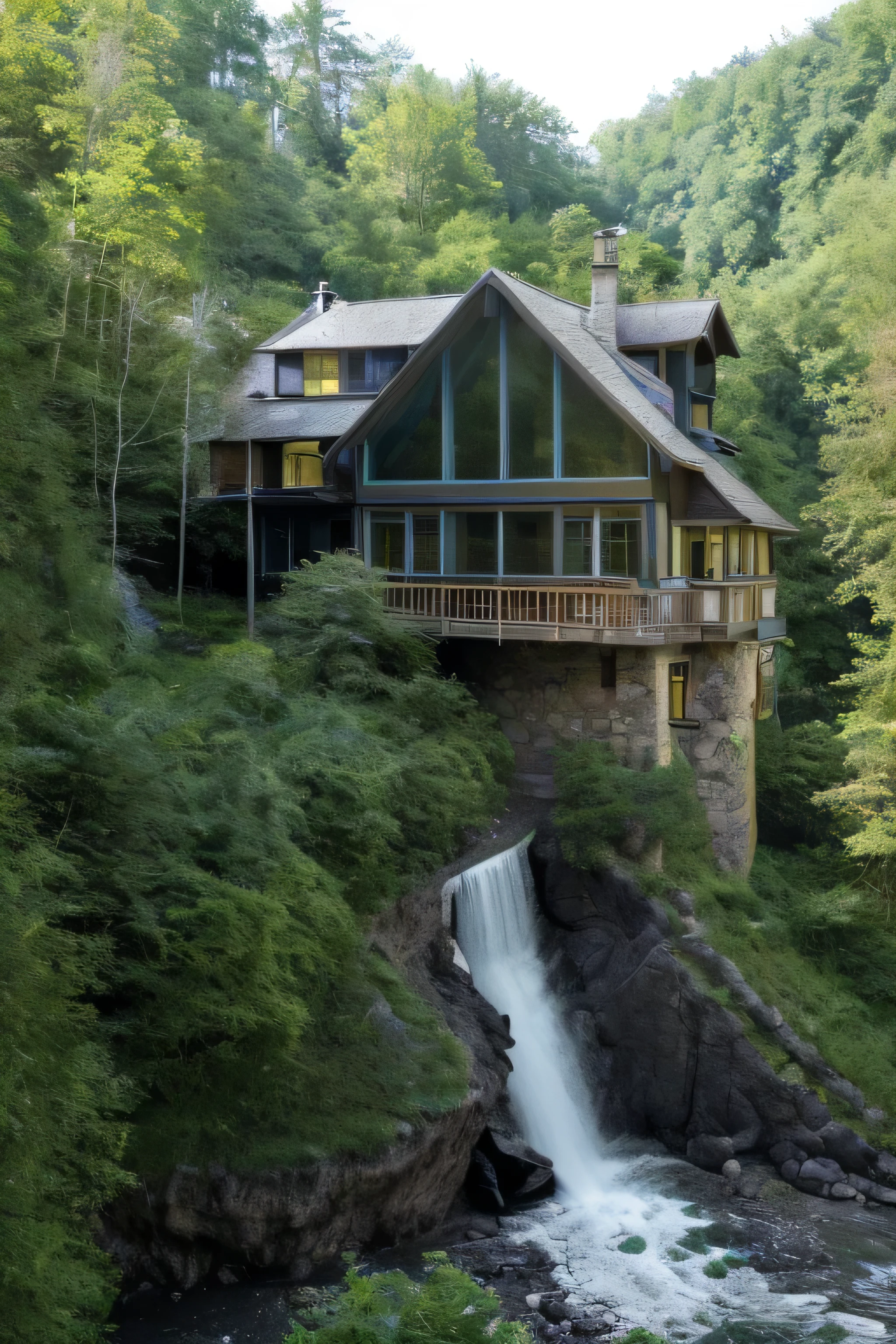 arafed house on a cliff overlooking a river with a waterfall, lake house, beatiful house, fantasy setting, beautiful place, build in a forest near of a lake, beautiful and mysterious, fantasy house, cozy place, setting in nature, fairy tale place, located in a castle, cottagecore!!, very close to real nature, idyllic cottage