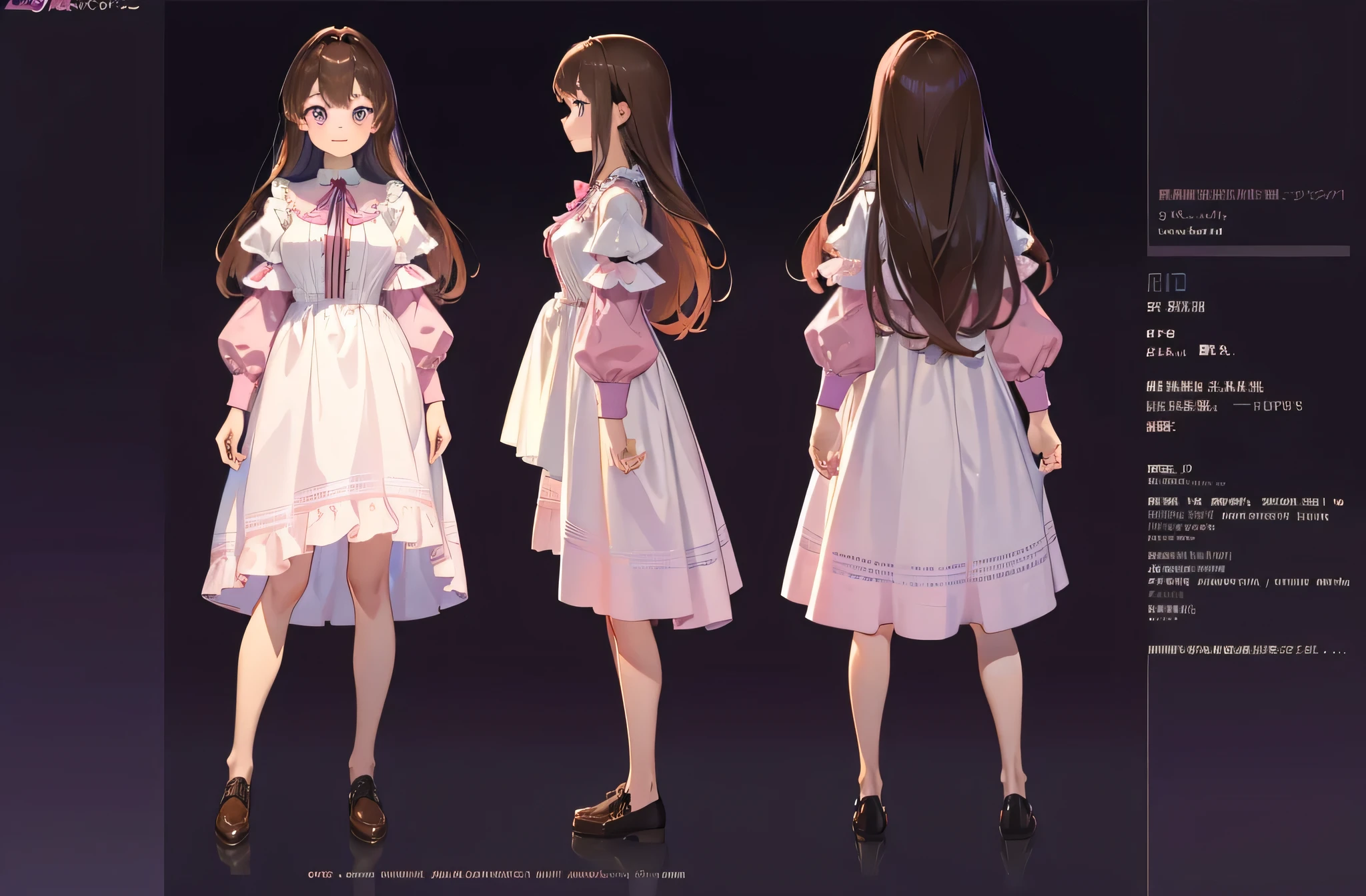 (masterpiece:1.2, best quality), 1woman, tall, adult, cute face, big eyes, round cubby cute face, smile, long legs, full body, adult mature female (long Brown hair, (brown-pink mullet 1.1)), ( long hair), purple eyes, (purple pupil,) Lolita, dress Lolita, Cute ribbon, girl style ((masterpiece)), (((best quality))), (character design sheet, same character full body, front, side, back), Illustration, hair color, bangs, hair fax, eyes, environment change, pose kota, female, game design character sheet for 2d game, full body, model sheet turnaround, full color, two thirds wiew, front::4 view and back view, high resolution, 8k, 4k, high quality