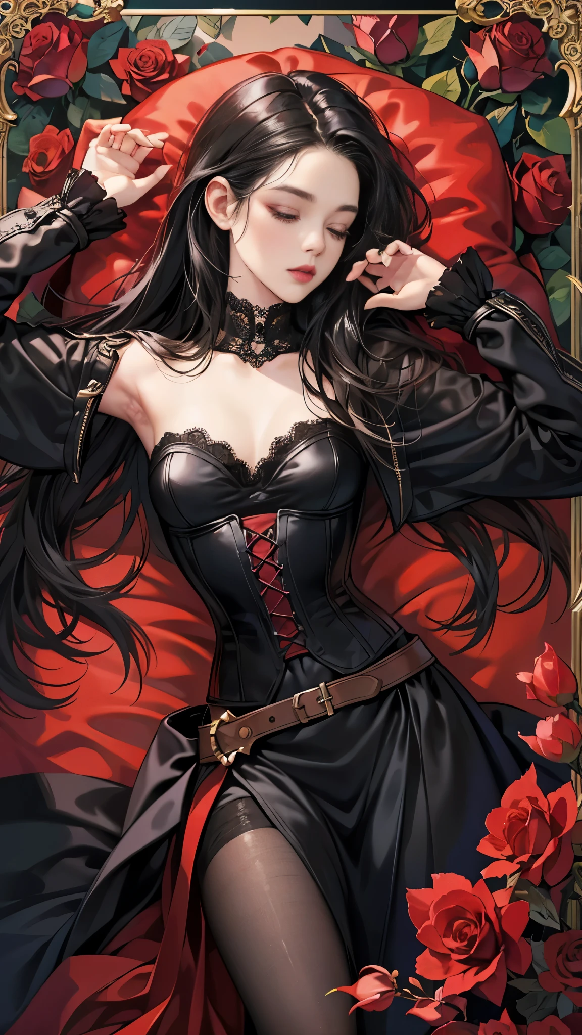 (Best Quality,4K,High resolution),Rose background、Cover the whole thing with a rose frame、Red highlights on black hair、long straight hair、eye closed、Sleeping Woman、Small、long lashes、Red Eyeliner、Sexy red lips、FULL BODYSHOT、Delicately expresses realistic smooth skin texture down to the smallest detail、Realistic body representation、Casual Gothic Mini Dress Fashion、Leather corset、Left and right contrast、Fashion Model Pose、Photographic depiction like a model、photoRealstic、Fill the whole area with countless roses、