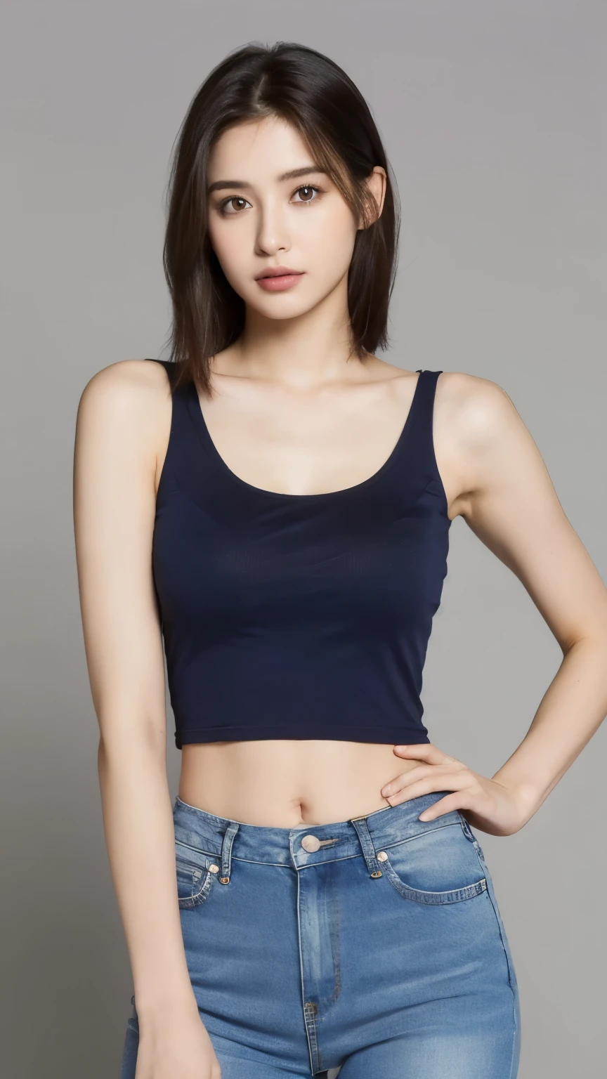(realista, high resolution:1.3), 1 garota com um corpo perfeito, rosto e olhos super finos,cabelo comprido, Random color tank top:1.2, Jeans curtos, peito grande,Expor decote