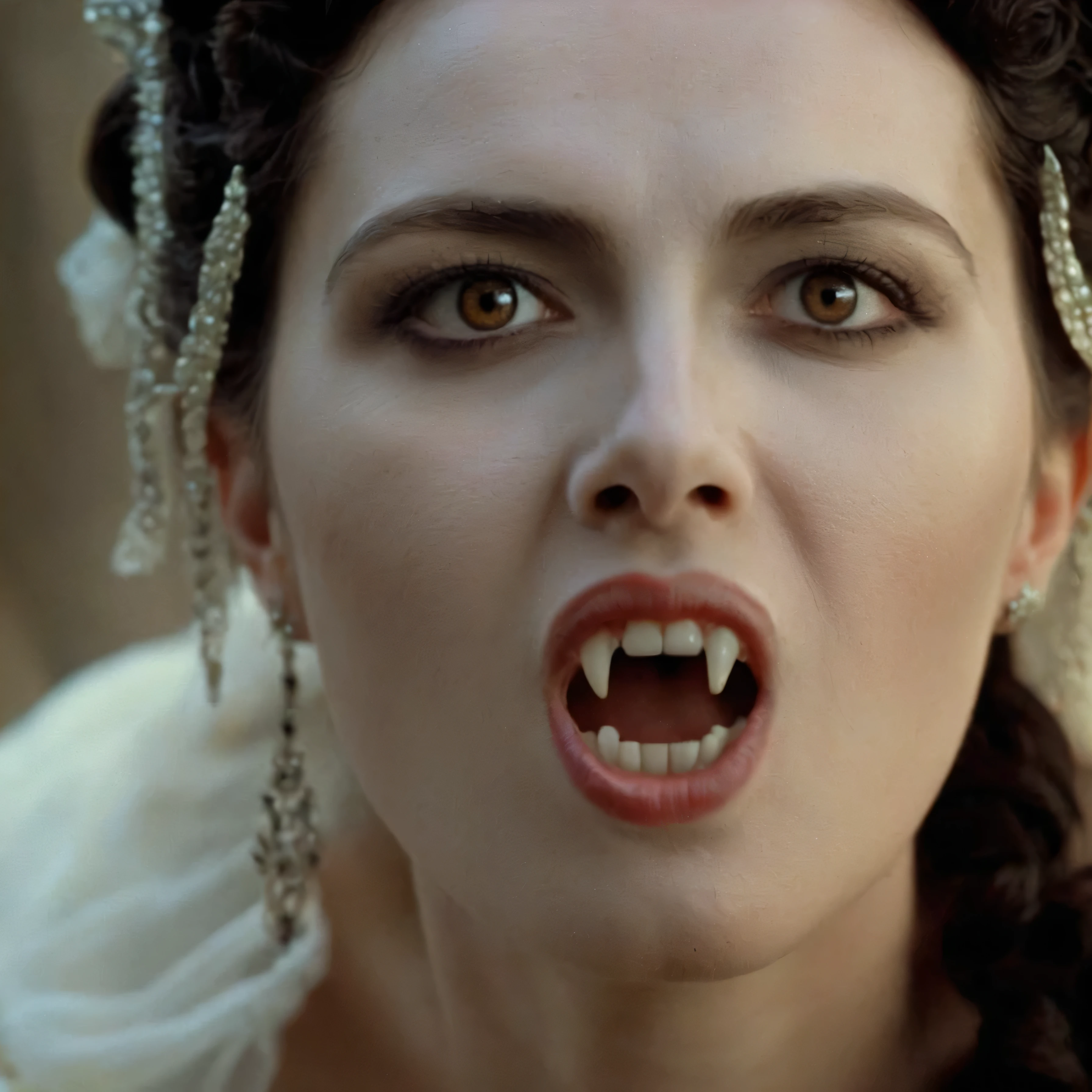 cinematic film still of  closeup, 15th-century 17 a vampire woman with a creepy look on her face with big open vampire mouth and fangs yawning in front of camera Kodak Eastman EXR 50D 5245, EXR 500T 5296 Cinematic Film in a scene from the brides of dracula style, shallow depth of field, vignette, highly detailed, high budget, bokeh, cinemascope, moody, epic, gorgeous, film grain, grainy, mouth open and closed.