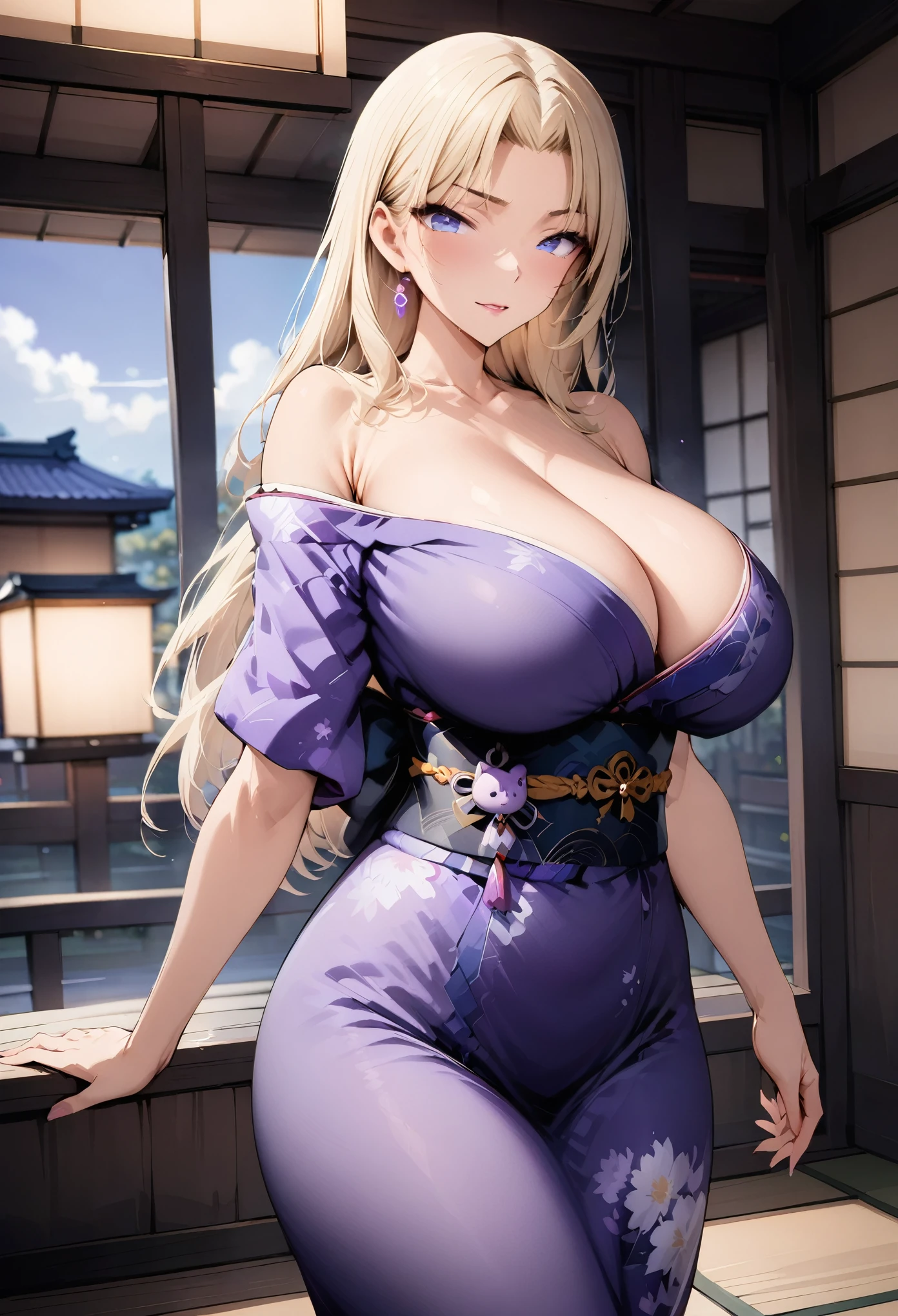 (masterpiece:1.4),(best quality，Purple Japanese kimono，Ultra-clear:1.5),（one）Blonde Beauty，Large Breasts，charm，Perfect body，Exquisite appearance：1.2），full-body shot，individual，Anime style，