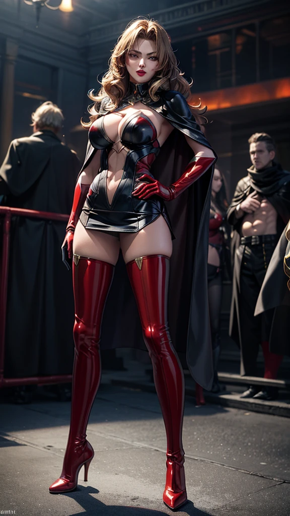 1girl,Alicia Viewsrtream,red lips,red impossible clothes,red elbow gloves,red thigh boots,cape,incredibly absurdres,Volumetric Lighting,moody lighting,thighs,realistic,reality,hetero,smug,fighting_stance,