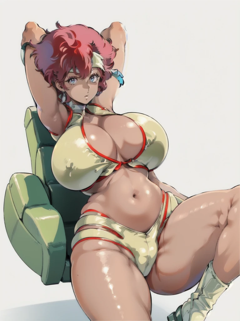 ((master piece, Pixels are perfect, superfine illustration, top-quality,masterpiece, The ultra -The high-definition, Top resolution)), ((Woman with beautiful anime face:1.3, very detailed face and eyes:1.1)), ((1 lady:1.7)), ((solo lady:1.7)), alone lady, Multiparous woman, Caucasian mature female swim-wear model, semi-nude, SFW, Looking down:1.5, (Spread your legs Wide:1.7), Semi-squat position, (Arms Behind Your Head:1.7), (Sticking Out Your Crotch), (bulge in the crotch area), (gigantic sagging breasts:1.6), ((gargantuan butt:1.6)), (Curvaceous wide hips:1.6), Curvaceous physique, Plump, short body:1.5, (1980s \(Style\):1.5), (((Dirty Pair Kei, Dark skin, dark skinned female, head band, uniform, crop top:1.3))), (((cleavage:1.3, Tight crop top:1.3))), (((Boots up to the knee))), (((Costumes made of thin and tight metallic gloss latex fabric))), Crimson Wolf Short, High Cut Bikini Panties, ((Anime art style of the 1990s)), From below:1.5, flat lighting:1.5, (((Front Light))), (((lighting forward))), (((lighting front))), ((inside in room))