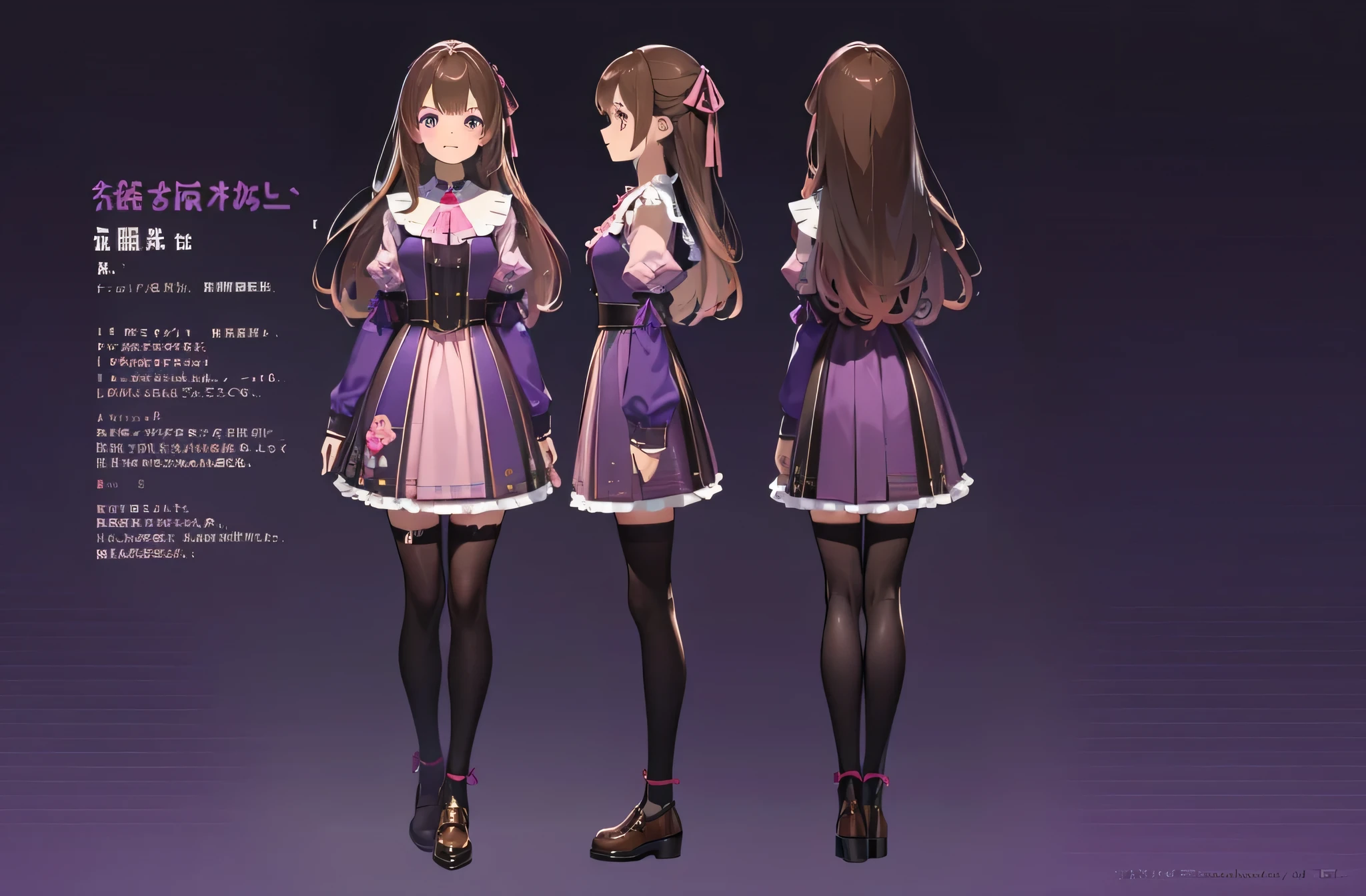 (masterpiece:1.2, best quality), 1woman, tall, adult, cute face, big eyes, round cubby cute face, smile, long legs, full body, adult mature female (long Brown hair, (brown-pink mullet 1.1)), ( long hair), purple eyes, (purple pupil,) Lolita, dress Lolita, Cute ribbon, girl style ((masterpiece)), (((best quality))), (character design sheet, same character full body, front, side, back), Illustration, hair color, bangs, hair fax, eyes, environment change, pose kota, female, game design character sheet for 2d game, full body, model sheet turnaround, full color, two thirds wiew, front::4 view and back view, high resolution, 8k, 4k, high quality