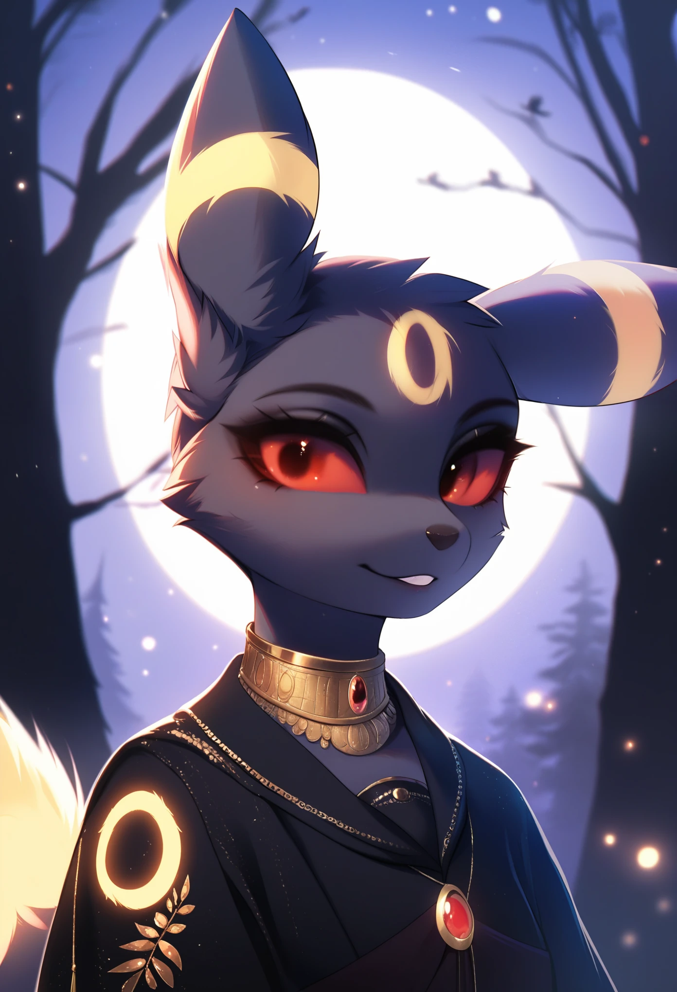 score_9, score_8_up, score_7_up, source_furry, rating_safe, by magnaluna,, 1girl,anthro, umbreon, black body fur, gold markings, pokemon, red eyes, fluffy fur, at night, moonlight, forest, detailed background, best quality, clothing, 1 tail
