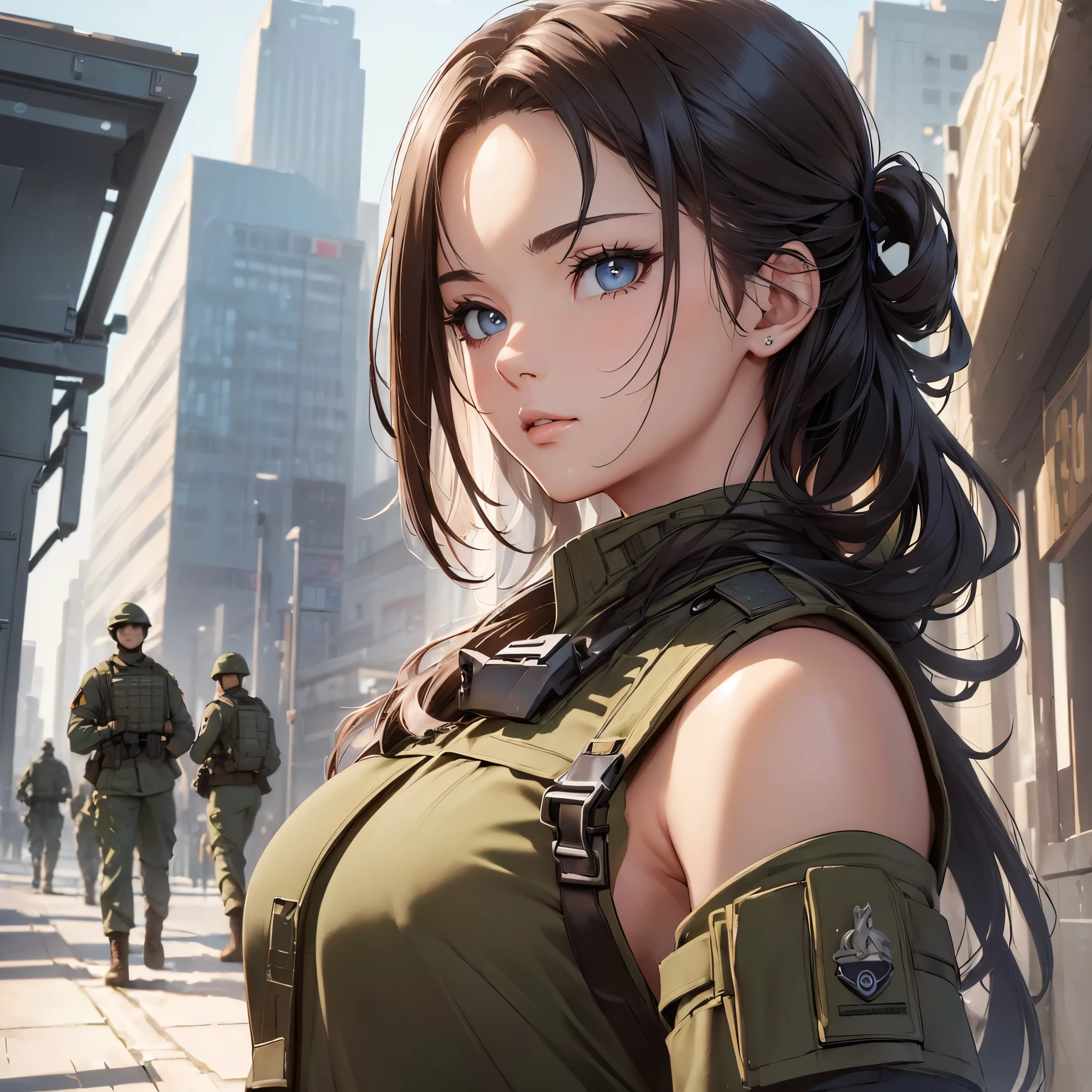 (((masterpiece))),(((High resolution)))、(((8K)))、(((Beautiful woman modern soldier))), ((top quality eyes)), ((detailed face)), (detailed texture), look at the camera