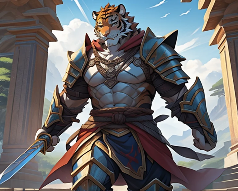 Tiger man, full body, armor, godly, realistic, epic, masterpiece, 8k, anime villain, sword 