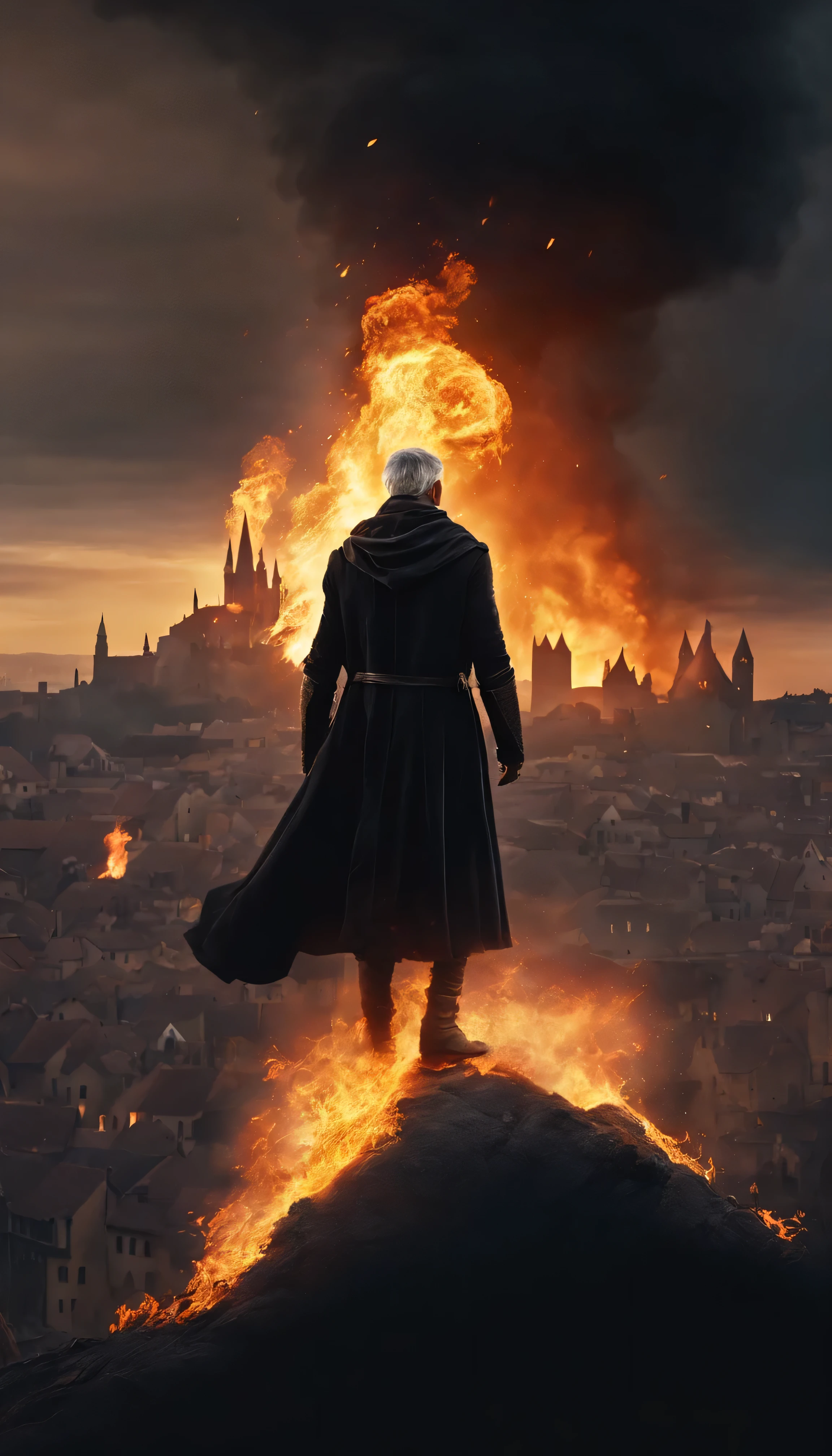 8k, close distance portrait, a male wizard with black clothes and grey short hair from behind, hand up to the sky, throwing a super massive huge fireball toward a medieval city in the distance from hill, with a burning medieval city background the distance, city destroyed and burning