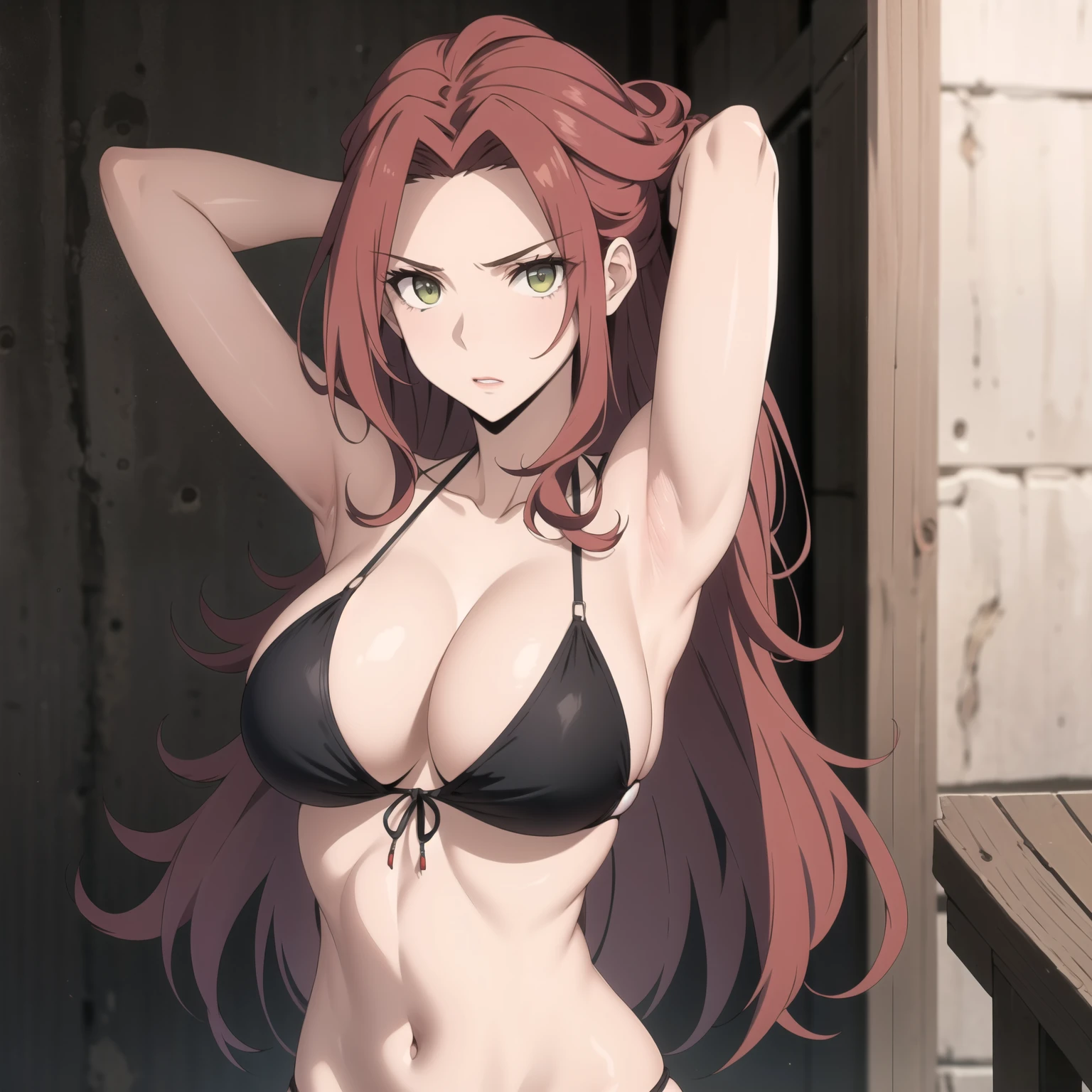 A 30-year-old woman, cabello rojo ondulado, piel clara, ojos verdes como esmeraldas, pechos grandes, bikini negro,  He is facing the viewer with his hands behind his head., fondo una pared, , pechos grandes.