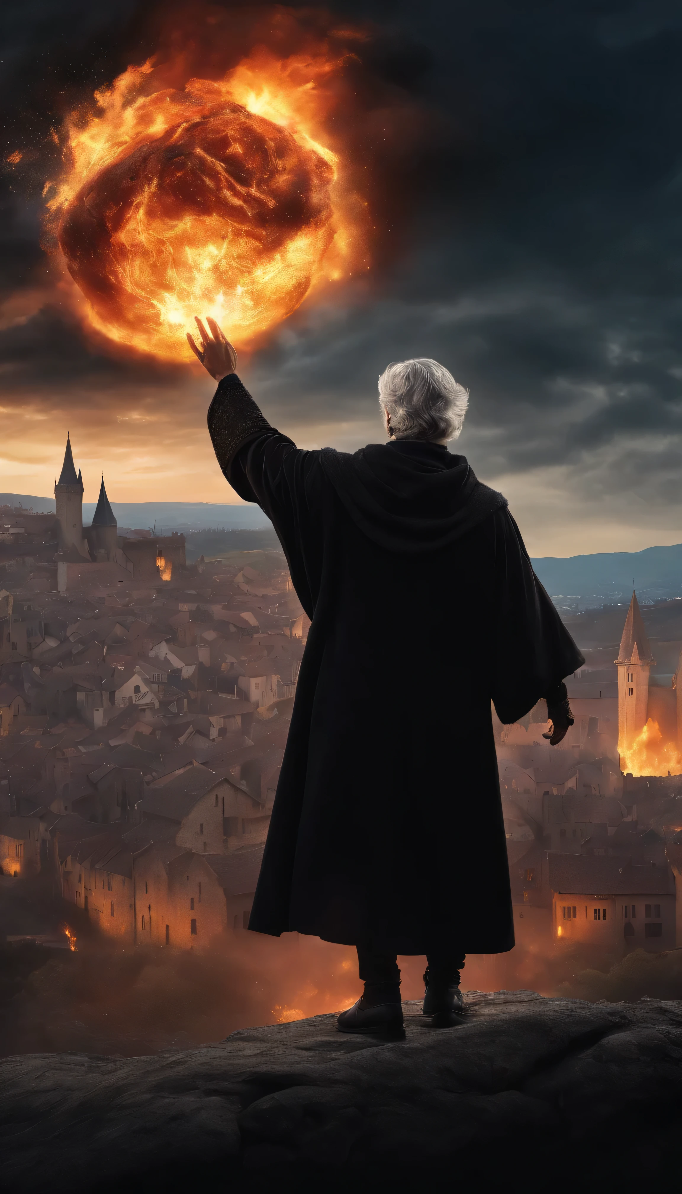 8k, close distance portrait, a male wizard with black clothes and grey short hair from behind, hand up to the sky, throwing a super massive huge fireball toward a medieval city in the distance from hill, with a burning medieval city background the distance, city destroyed and burning