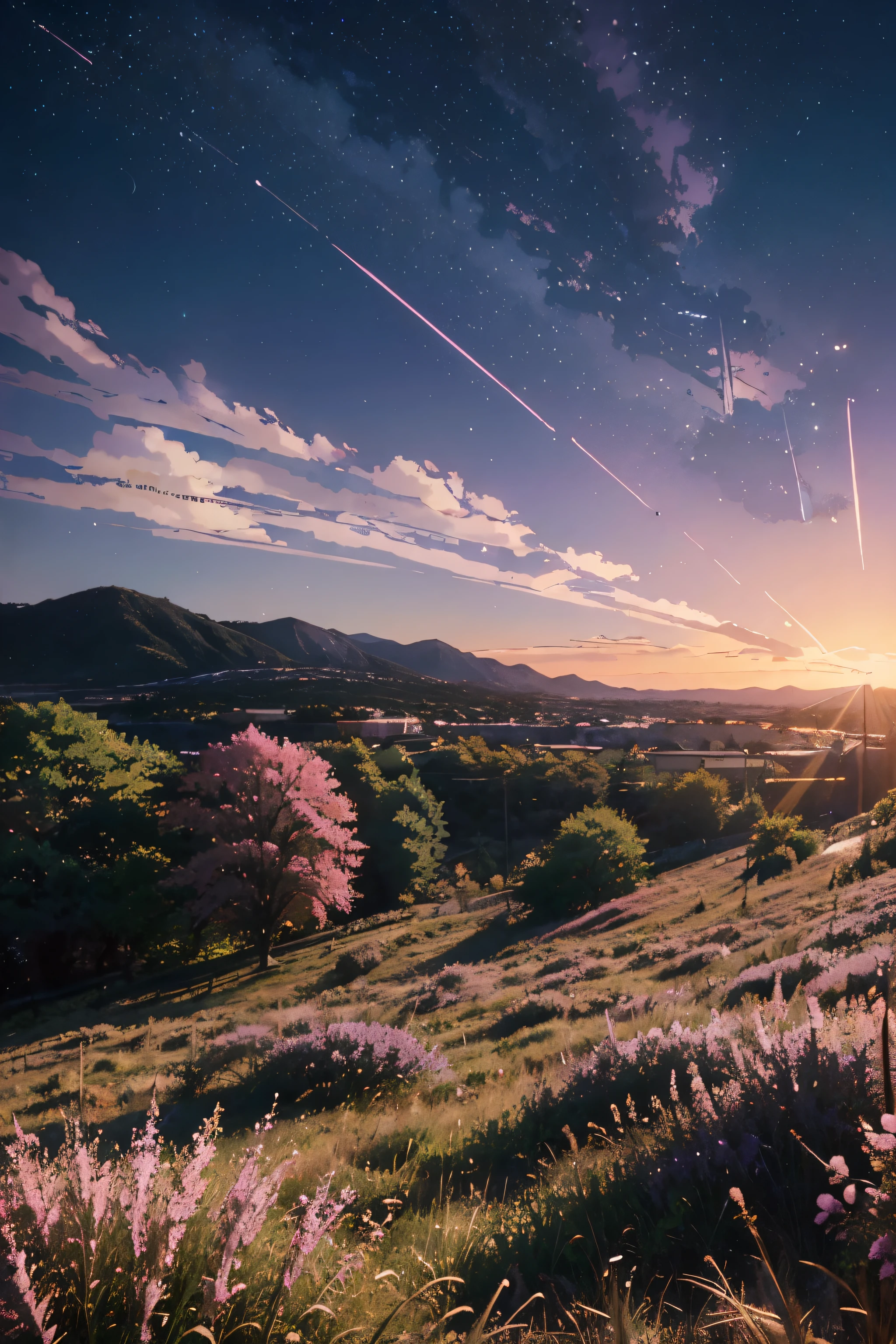 (((Makoto Shinkai style)),pixiv,anime drawing,high quality,pink purple sky,beautiful scene),(universe,train passing,magical realism,((makoto shinkai style)) ::0.8), [Artistic Atmosphere, Atmosphere:0.8, Starry Sky, Hills, Snow Mountain, Sparkling Water, Grass, Trees, Smoke, Stars, Low Angle of View, Specular Scattering,