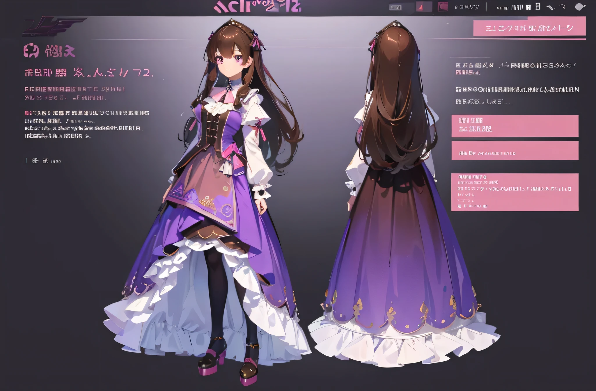 (masterpiece:1.2, best quality), 1woman, tall, adult, cute face, big eyes, round cubby cute face, smile, long legs, full body, adult mature female (long Brown hair, (brown-pink mullet 1.1)), ( long hair), purple eyes, (purple pupil,) Lolita, dress Lolita, Cute ribbon, girl style ((masterpiece)), (((best quality))), (character design sheet, same character full body, front, side, back), Illustration, hair color, bangs, hair fax, eyes, environment change, pose kota, female, game design character sheet for 2d game, full body, model sheet turnaround, full color, two thirds wiew, front::4 view and back view, high resolution, 8k, 4k, high quality