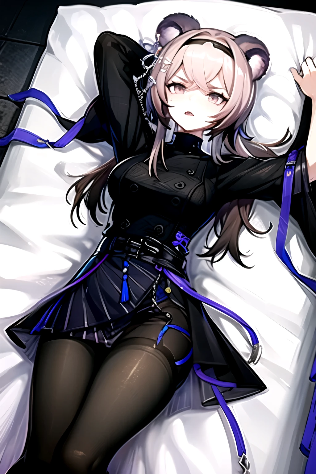 highest quality, masterpiece, High resolution, one person in, {Rin_Arknights:0.90}, 1 girl, black_dress, length_sleeve, looking for_in_Audience, cowboy_shot, ((open mouth)), lying, on back, sheets, on the bed, lying on back, ((arms over head)), ((armup)), scowl, angry, sweat, wide_sleeve, black_pantyhose, formal_alternine_Costumes, underground, Concrete floor, Concrete wall, underground, frown, Thighs together, black tights, Closed legs,