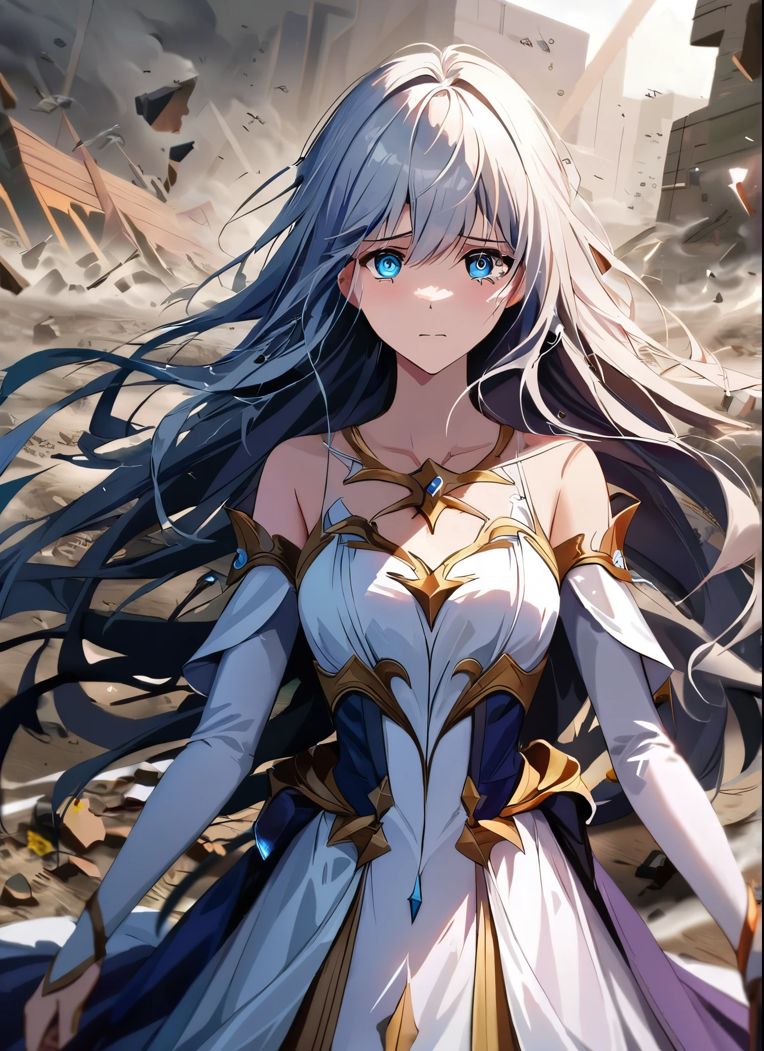 A monark girl in a godess delicate cute white sexy dress, detailed fornitures in the middle of battlefield, emotions, flowing hair, intense eyes, smoke and debris, defeated army, fallen soldiers, chaos, sadness, sorrow,