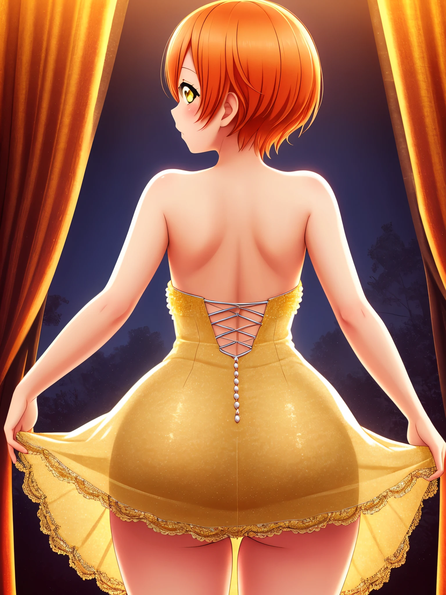 (best quality,ultra-detailed), cowboy shot,Hoshizora Rin,orange hair,yellow eyes,solo,from behind,dress,off shoulders,bare back,portraits,vivid colors,warm tones,soft lighting,ass, standing , wedgie 