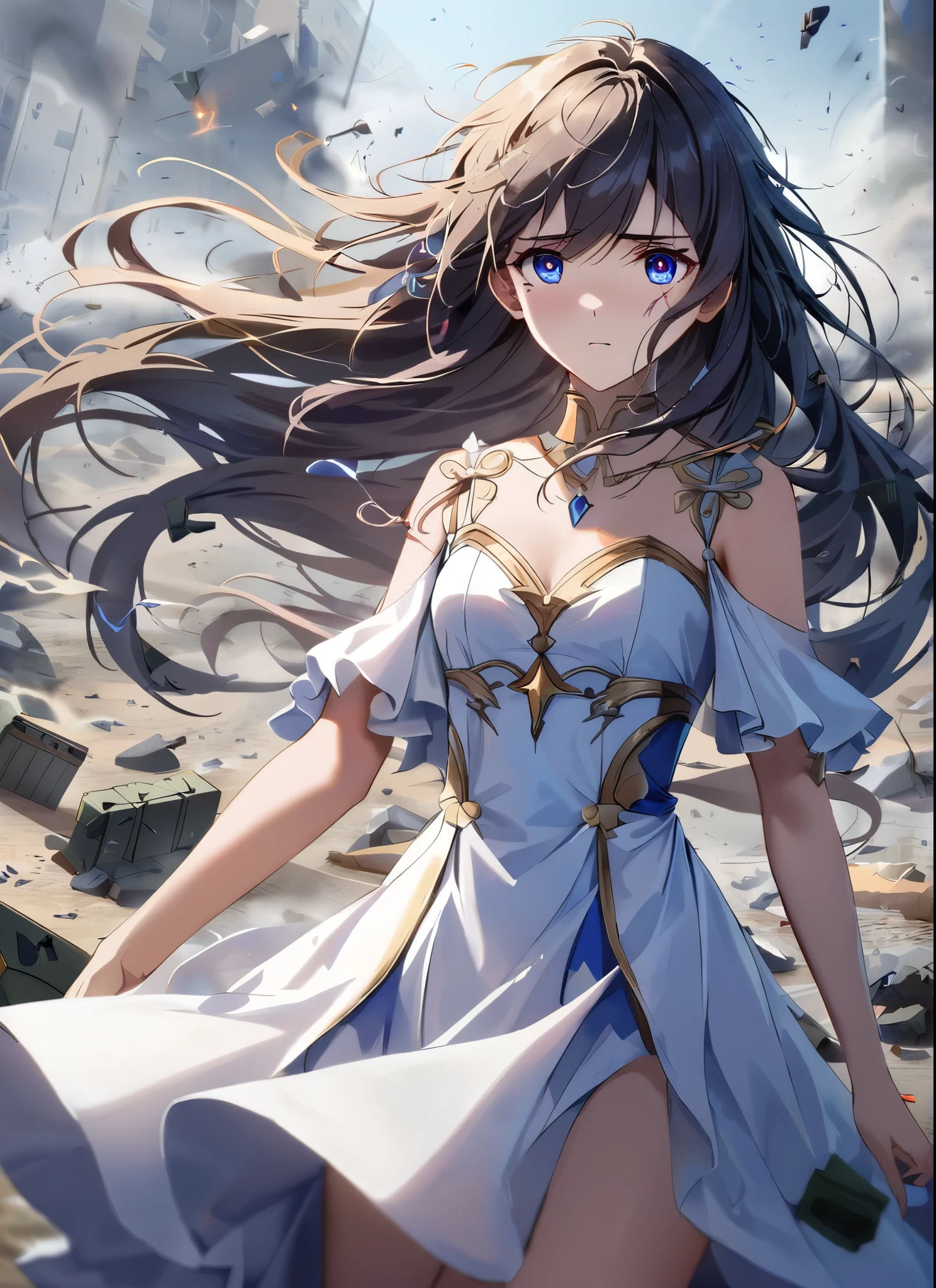 A monark girl in a godess delicate cute white sexy dress, detailed fornitures in the middle of battlefield, emotions, flowing hair, intense eyes, smoke and debris, defeated army, fallen soldiers, chaos, sadness, sorrow,