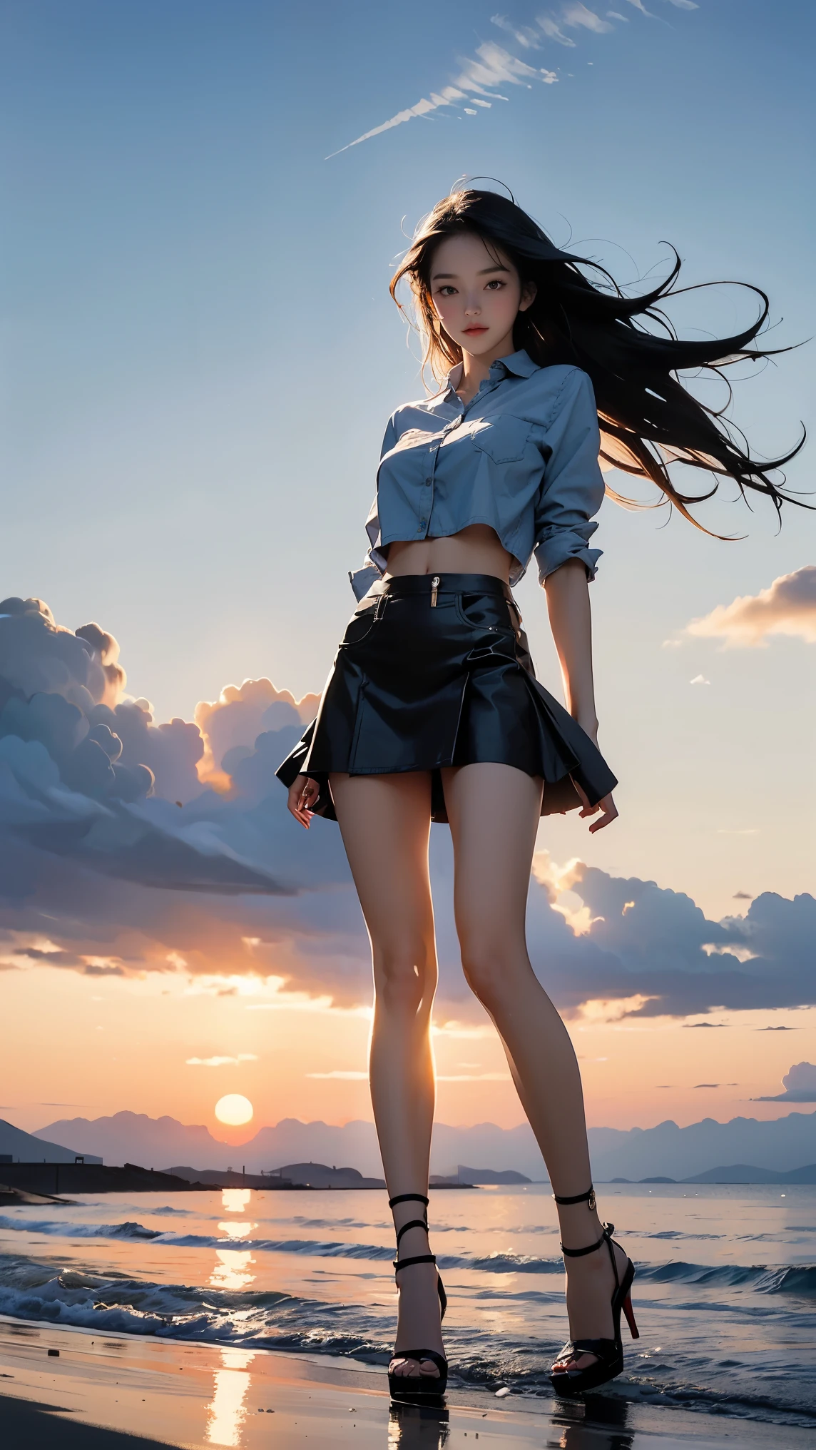 view from below,sunset summer beach background,full body,(tall girl:1.2),wave hair,girl,mini skirt,wet croped shirt,(high heel:1.2),walking,slim legs,big breasts,