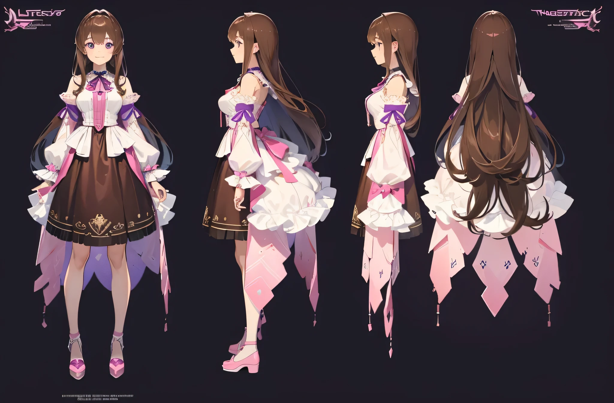 (masterpiece:1.2, best quality), 1woman, tall, adult, cute face, big eyes, round cubby cute face, smile, long legs, full body, adult mature female (long Brown hair, (brown-pink mullet 1.1)), ( long hair), purple eyes, (purple pupil,) Lolita, dress Lolita, Cute ribbon, girl style ((masterpiece)), (((best quality))), (character design sheet, same character full body, front, side, back), Illustration, hair color, bangs, hair fax, eyes, environment change, pose kota, female, game design character sheet for 2d game, full body, model sheet turnaround, full color, two thirds wiew, front::4 view and back view, high resolution, 8k, 4k, high quality