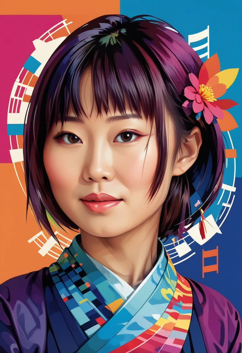 concept poster a Japanese woman , a half body portrait at musical notes, digital artwork by tom whalen, bold lines, vibrant, saturated colors, wpap, WPAP style,detailed fac,Vibrant colors palettes