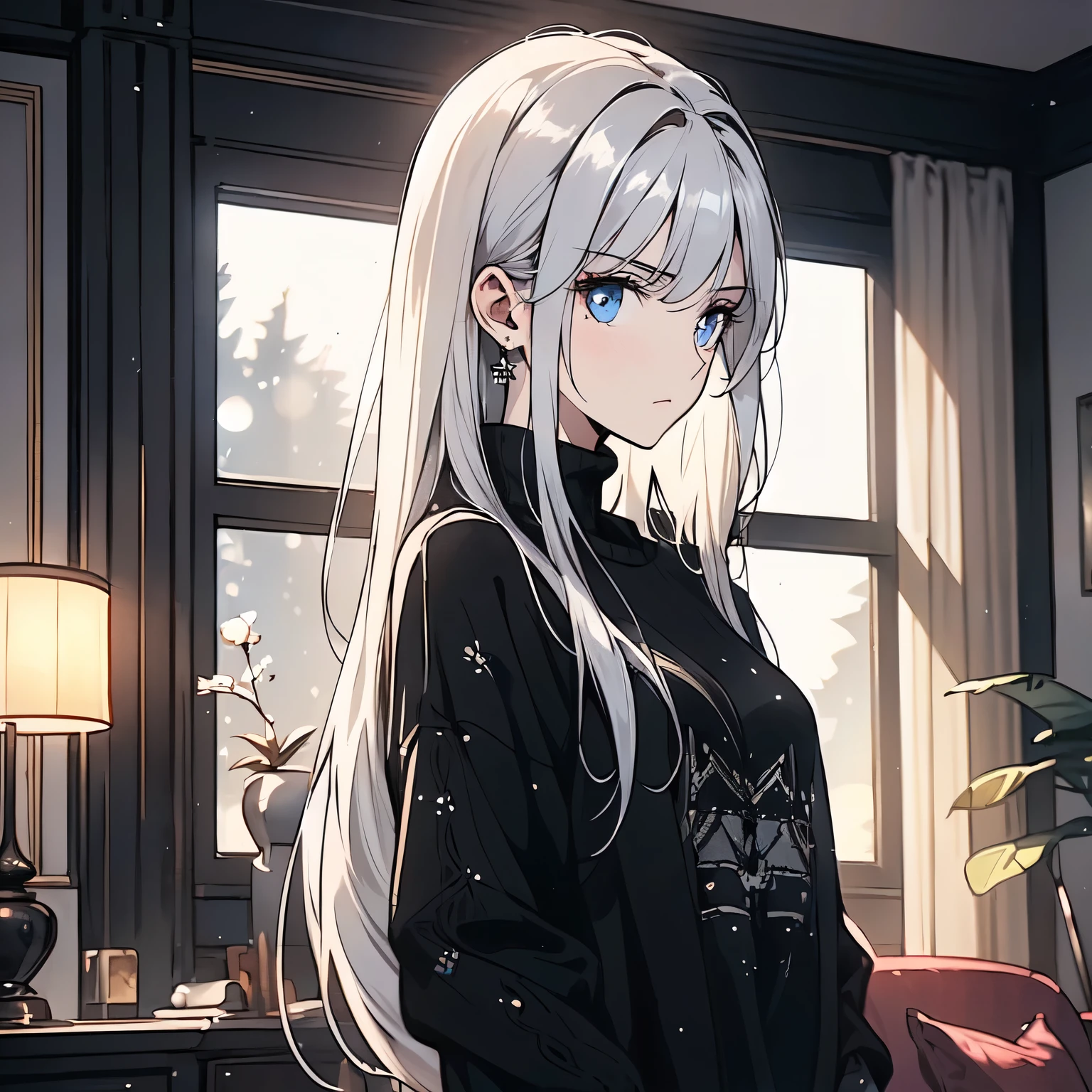 A white hair,20-year-old girl in a black sweater,Standing in the living room of the house,Looking out the window,Expression of indifference,frown(Upper body display:1.5)(cinematic lighting:1.5))(ultra-high detail:1.5)(best quality:1.5)