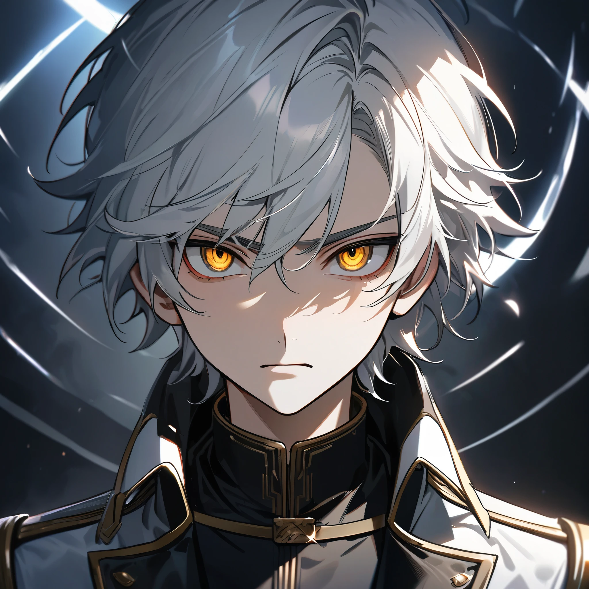 High quality, HD, 4k, handsome male, 1male, , teenager, go lining, short white hair, sharp eyes, gold eyes, devil may cry, close up, calm expression, stoic expression, black leather clothes, white leather clothing, upper body, looking at viewer, cowboy shot, white solar, darkness background