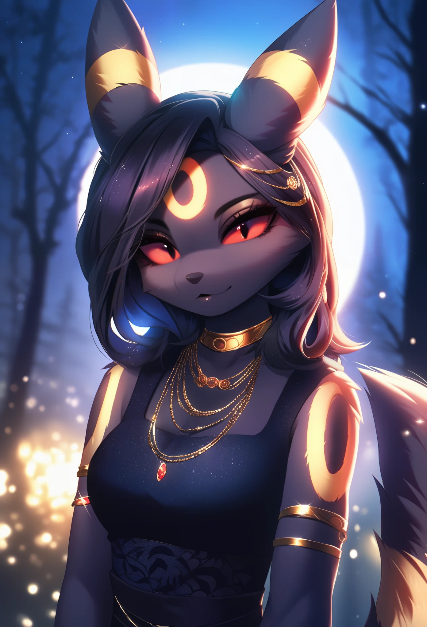 score_9, score_8_up, score_7_up, source_furry, rating_safe, by magnaluna,, 1girl,anthro, umbreon, black body fur, gold markings, pokemon, red eyes, fluffy fur, at night, moonlight, forest, detailed background, best quality, clothing, 1 tail