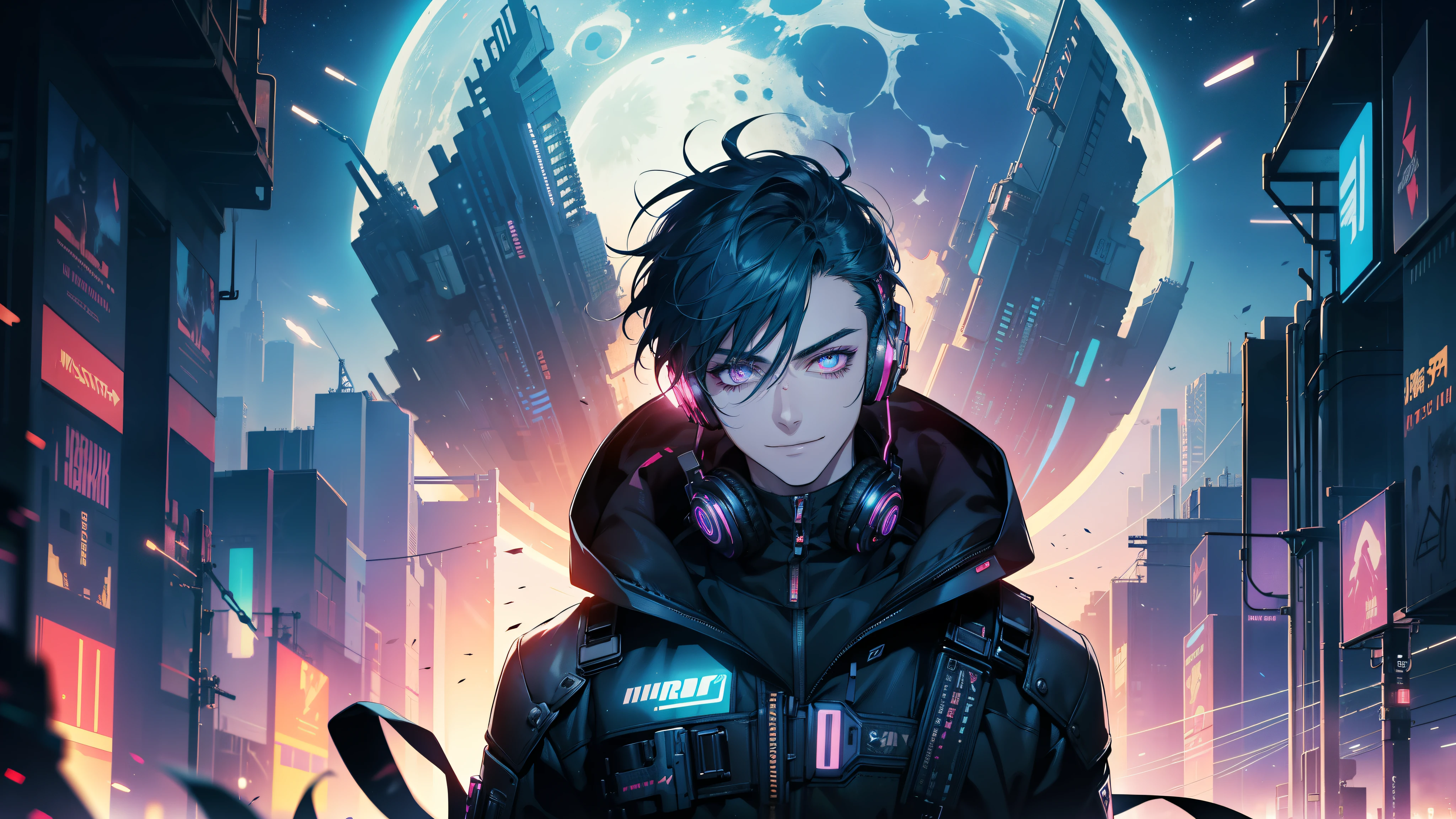 1boy, (extremely beautiful), solo, male focus, cyberpunk, neon lights, vibrant colors, headphones, Cyberpunk, neon, masterpiece, best quality, ultra-detailed, cyberpunk background, detail, in the starry night, moon, explosive and clear eyes, glowing eyes, beautiful details in the wind, little smile.