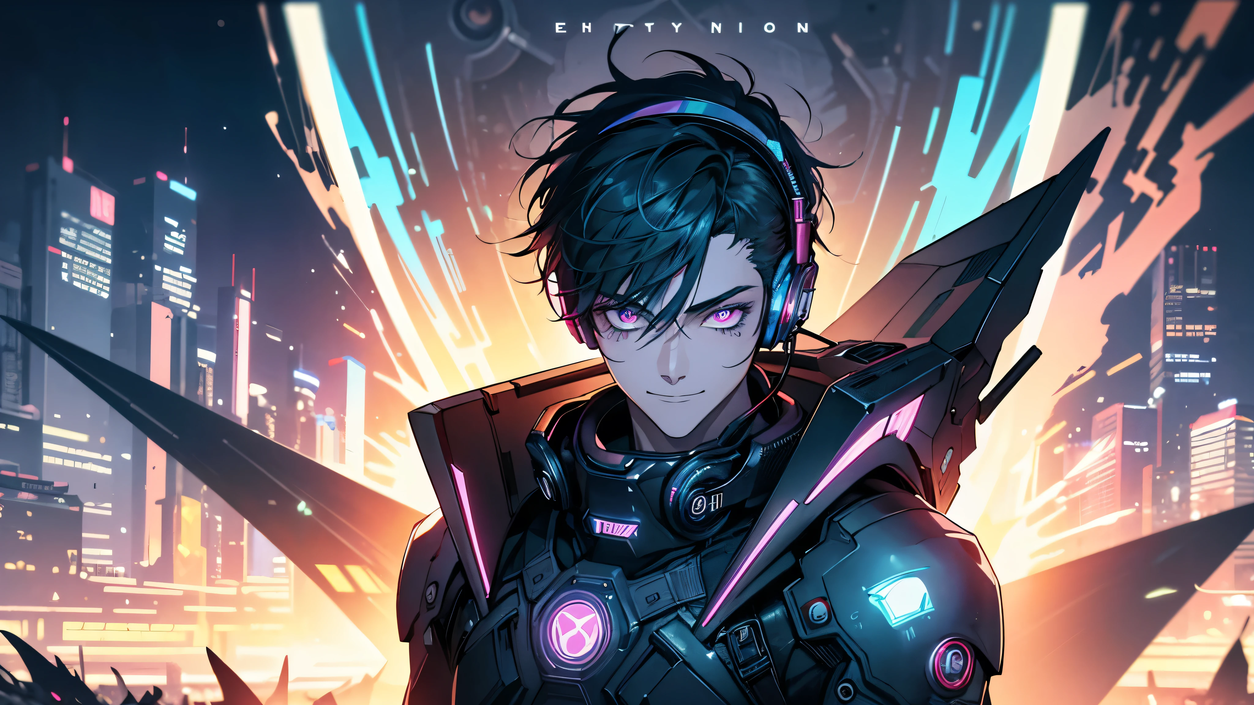 1boy, (extremely beautiful), solo, male focus, cyberpunk, neon lights, vibrant colors, headphones, Cyberpunk, neon, masterpiece, best quality, ultra-detailed, cyberpunk background, detail, in the starry night, moon, explosive and clear eyes, glowing eyes, beautiful details in the wind, little smile. thinking.