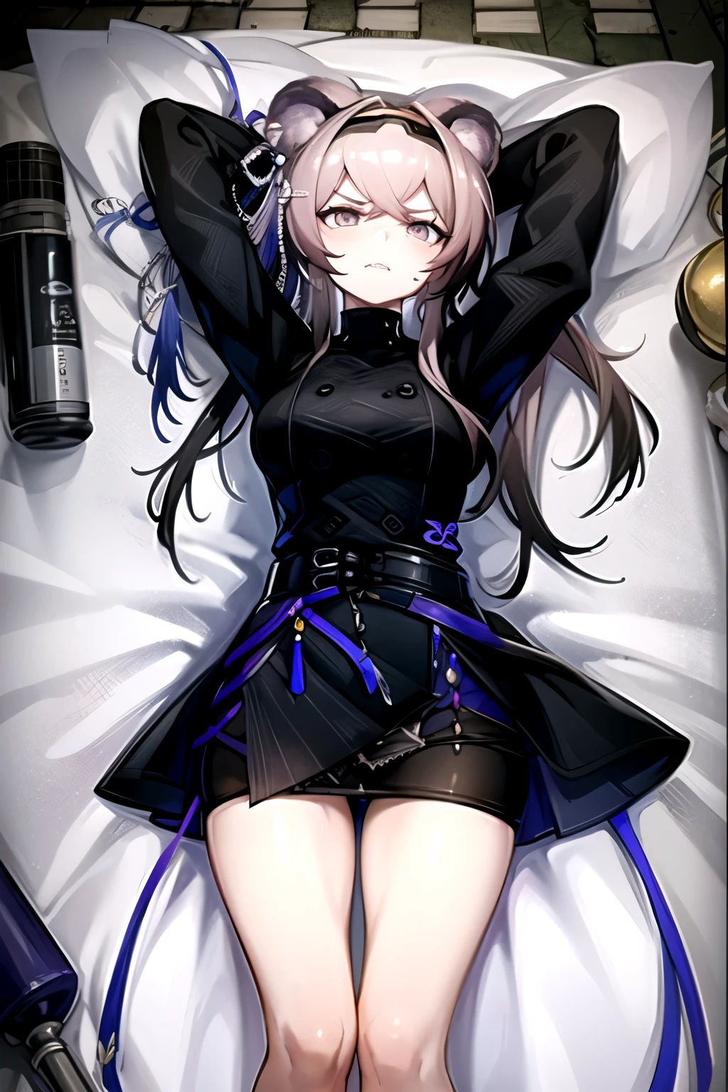 highest quality, masterpiece, High resolution, one person in, {Rin_Arknights:0.90}, 1 girl, black_dress, length_sleeve, looking for_in_Audience, cowboy_shot, ((teeth)), lying, on back, sheets, on the bed, lying on back, ((arms over head)), ((armup)), scowl, angry, wide_sleeve, black_pantyhose, formal_alternine_Costumes, underground, Concrete floor, Concrete wall, underground, frown, Thighs together, black tights, Closed legs,