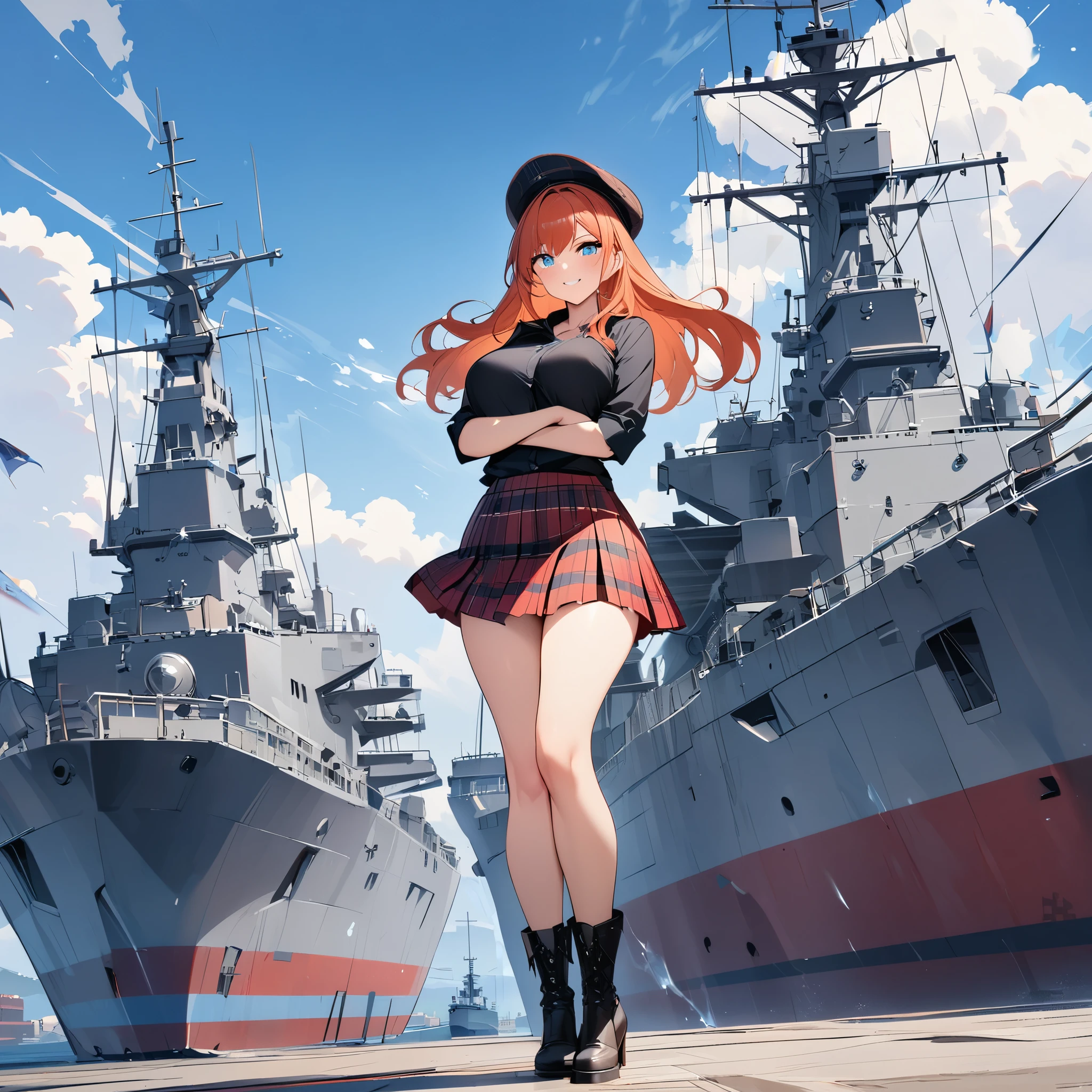 A woman wearing the traditional Scottish kilt, black shirt, red plaid skirt, wearing traditional Scottish hat, long red-orange hair, ice blue eyes, black boots, exposed thigh, large breasts, smiling, full body, standing with arms crossed in a naval port, with a battleship behind, Scottish flag, blue sky with clouds,masterpiece, ultra resolution, very detailed, high quality, without texture flaws.