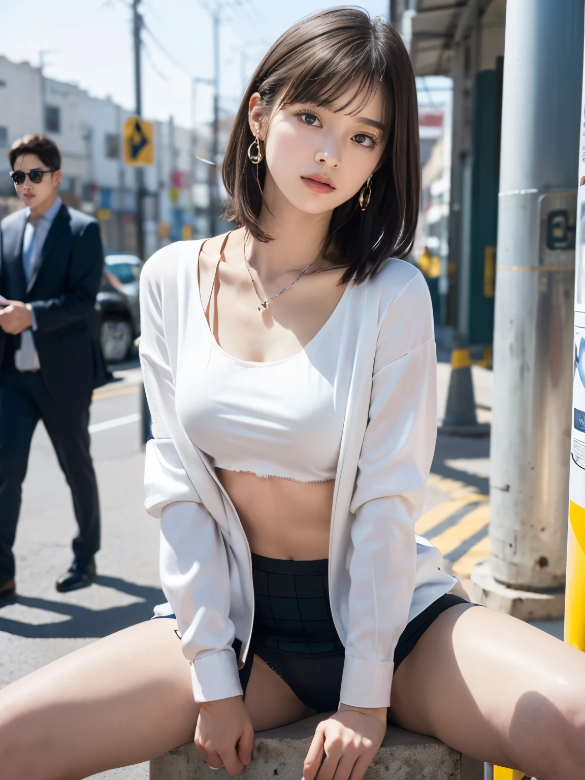 high-definition full-color images, atmospheric perspective, 8k, super detail, accurate, best quality, angle from below, a woman, ((realistic skin)), drooping eyes, ecstasy, sleepy, small eyes, (((straddling to hit her panties onto the thin decorative aluminum bollard))), tiny earrings, thin necklace, (jacket, thin shirt, skirt), (open legs), ((swollen areolas are visible through the shirt)), (((body hair on the lower abdomen))), hide her crotch with a skirt, outside at the factory area,