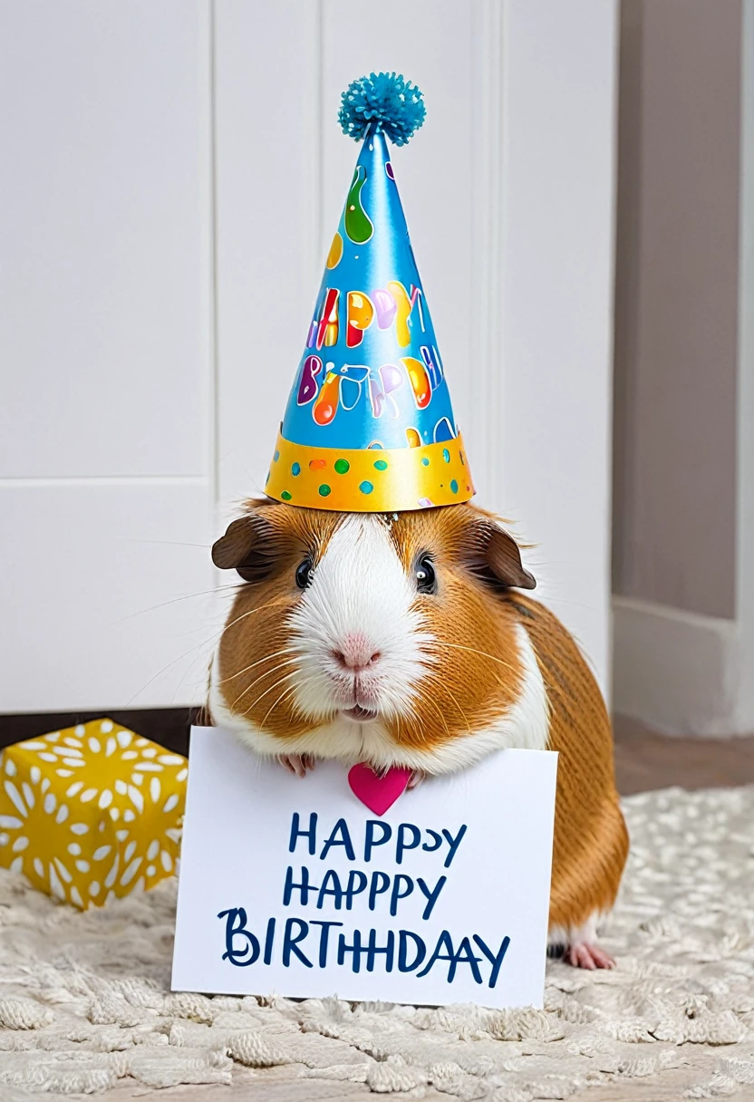 A guinea pig animal wearing a birthday hat inside a house and holding a happy birthday sign 