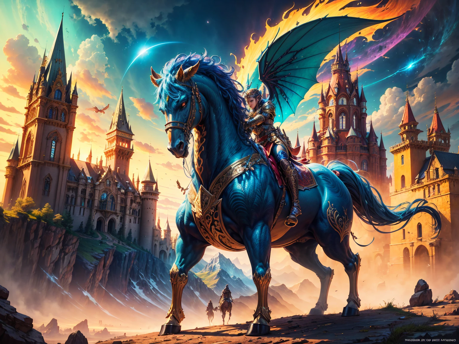 best quality,4k,8k,highres,masterpiece:1.2,ultra-detailed,realistic,photorealistic:1.37,epic fantasy scenes,brave warriors,mythical creatures,majestic castles,spectacular landscapes,imagination,world of fantasy,adventure,universe of magic,fantastic worlds,detailed characters,strong warriors,majestic creatures,magical beings,impressive castles,breathtaking landscapes,fantasy art,imagination,mythical creatures,detailed armor and weapons,ornate castles,towering mountains,mysterious forests,enchanted landscapes,vivid colors,rich color palette,dramatic lighting,ambient light,magical atmosphere,awe-inspiring landscapes,emotive characters,heroic poses,action-packed scenes,epic battle scenes,beyond human imagination,unexplored realms,unprecedented detail,fantastic realms, colorido, hermosos colores ,HD.