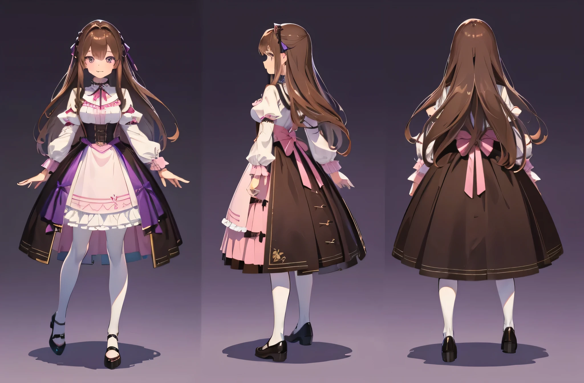 (masterpiece:1.2, best quality), 1woman, tall, adult, cute face, big eyes, round cubby cute face, smile, long legs, full body, adult mature female (long Brown hair, (brown-pink mullet 1.1)), ( long hair), purple eyes, (purple pupil,) Lolita, dress Lolita, Cute ribbon, girl style ((masterpiece)), (((best quality))), (character design sheet, same character full body, front, side, back), Illustration, hair color, bangs, hair fax, eyes, environment change, pose kota, female, game design character sheet for 2d game, full body, model sheet turnaround, full color, two thirds wiew, front::4 view and back view, high resolution, 8k, 4k, high quality
