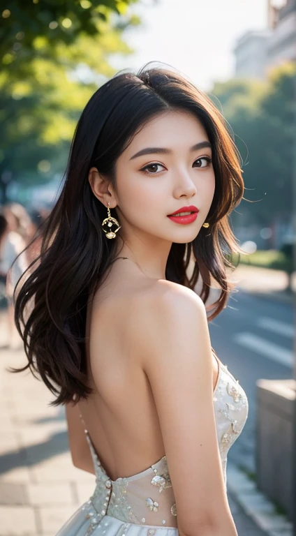 Beautiful girl: Asian, super adorable;
Age: 18-20 years old;
Hair: copper orange, silky, shimmering in the sunlight, detailed;
Skin: ivory white, rosy without blemish;
Eyes: deep black, almond-shaped, seductive, youthful, clear, ultra-detailed, elegant, enticing, sharply made up, realistic, captivating;
Eyelids: graceful, perfectly beautiful;
Eyebrows: curved, sparse, sharp;
Face: beautiful, pure, like a fairy, lightly made up, adorable, perfectly proportioned, beautiful in every detail;
Nose: cute, lovely, high;
Cheeks: prominent;
Lips: charming, lightly red lipstick, lovely gloss;
Teeth: bright, radiant smile, pure white;
Body: full of youthfulness;
Accessories: necklace, earrings, jade bracelet;
Clothing: silk, exquisite, embroidered with flowers;
Fashion style: upscale, modern 2024, elegant;
Image quality: non-NSFW, 8K CG HD, sharp, superb graphics, professional, detailed, vibrant colors, ultra-smooth, advanced techniques, authentic RAW;
Lighting: complex color combinations, dark golden rays;
Sunlight: sparkling, illuminating the girl's figure;
Background: bustling streets, refreshing green trees.
The girl is posing with her back towards the viewer.