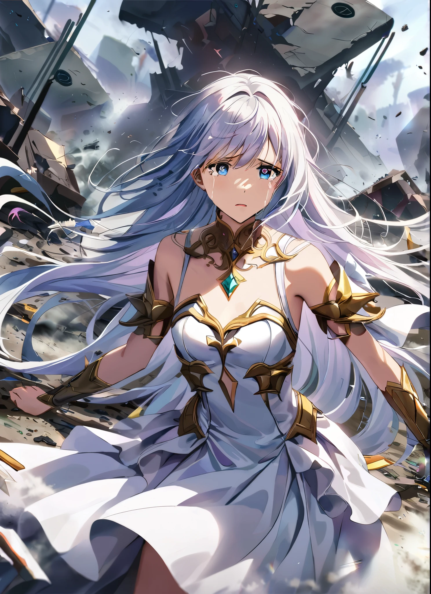 A monark girl in a godess delicate cute white sexy dress, detailed fornitures, in the middle of battlefield, emotions, flowing hair, intense eyes, smoke and debris, defeated army, fallen soldiers, chaos, sadness, sorrow, tears flowing in the face