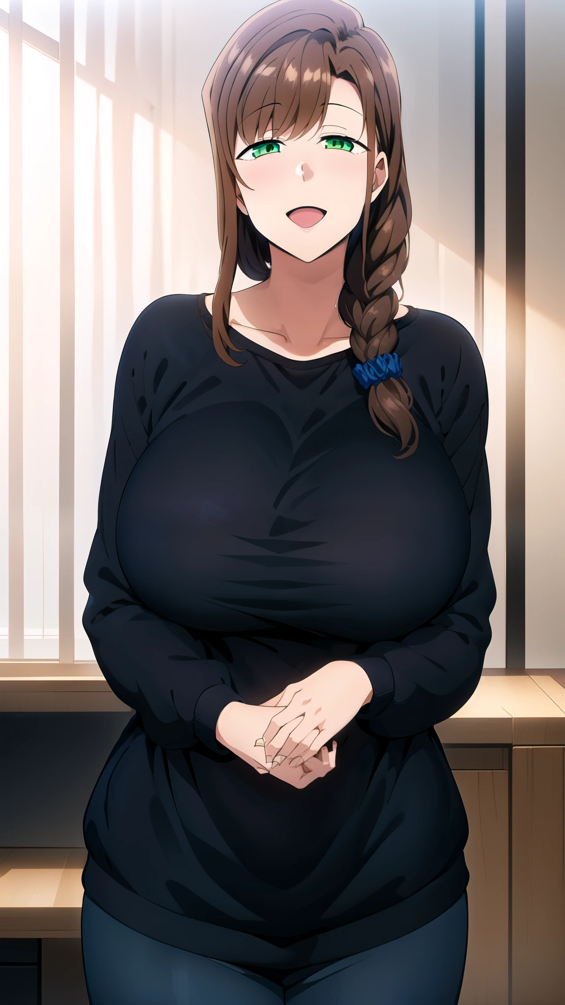 master piece, 1girl, hands together, long hair, looking at viewer, smile, HALF CLOSED EYES, open mouth, large breasts, brown hair, black shirt, long sleeve, loose shirt, hair ornament, green eyes, collarbone, braid, blue pants, (((black SWEATER))), single braid, scrunchie, hair over shoulder, hair scrunchie, mature female, wide hips,,
