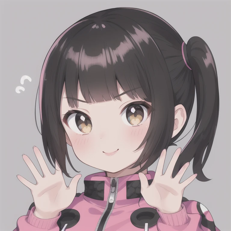 Highest_quality,masterpiece,1_girl,  smile, tooth, Black Hair, short hair,bangs, Open your mouth, Side Ponytail,Raise your arms,  blunt bangs, Reverse hair