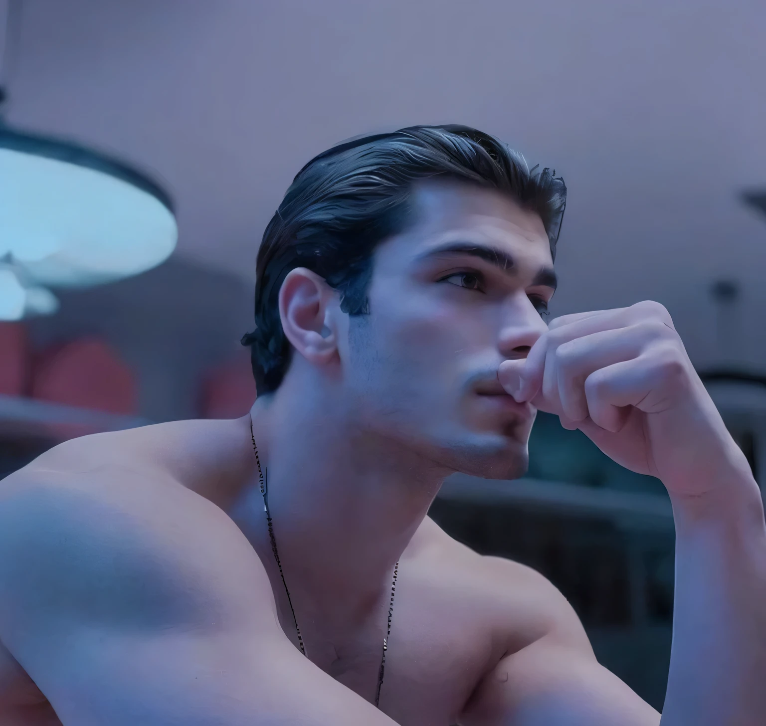 hay un hombre sentado en una silla con la mano en la barbilla, inspired by Adam Dario Keel, by Adam Dario Keel, mirada sexy, plano medio de un guapo, por Alexis Grimou, hombre guapo, zac retz, sin camisa, extremadamente guapo, aser duran, hombre atractivo, andres archie, hermoso joven, Dylan Kowalski