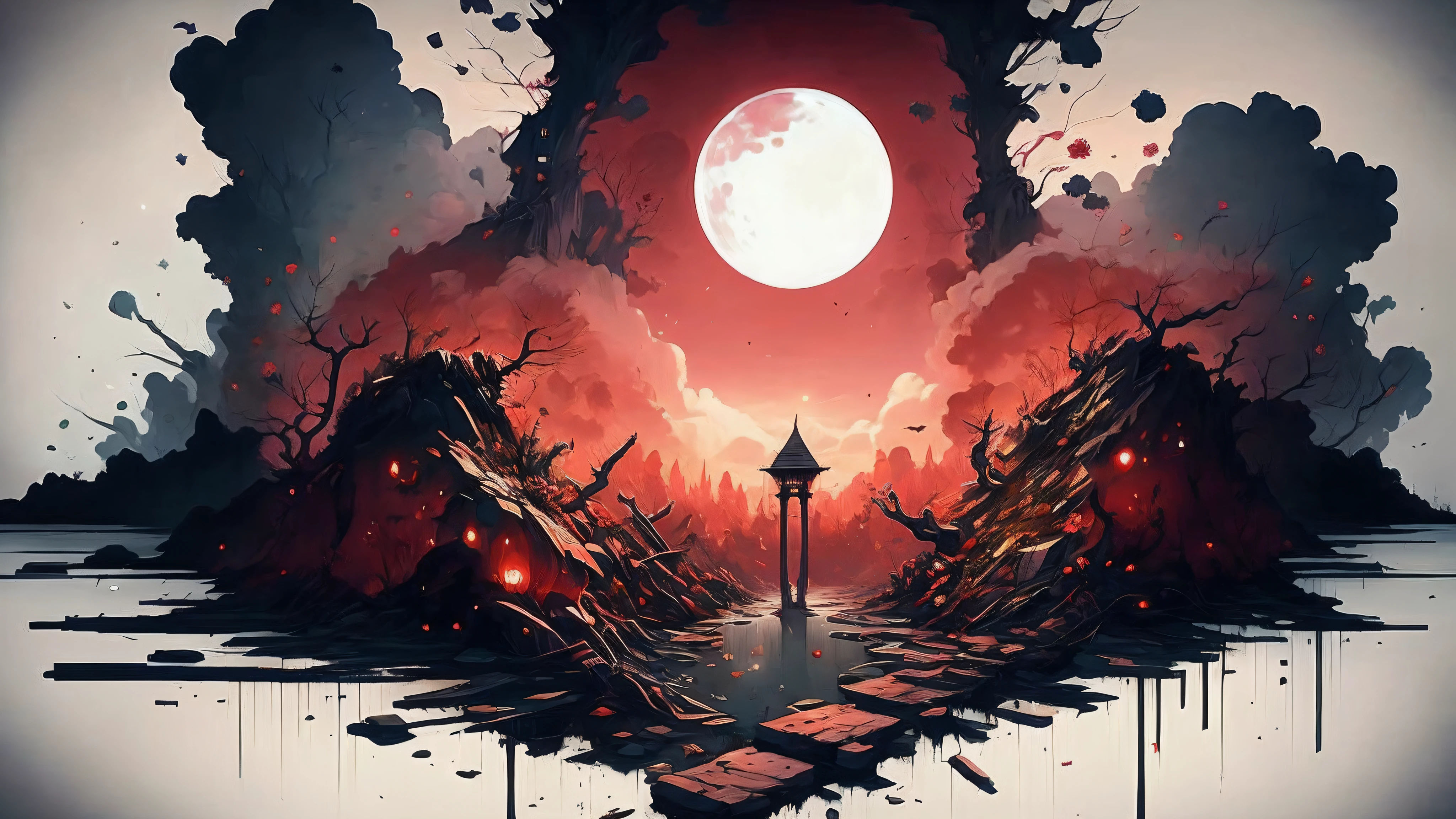 Arafed image of a red sky with a full moon and a tower, e Mumford Tom Bagshaw, Cyril Rolando e Goro Fujita, Arte digital altamente detalhada em 4k, No estilo e Mumford obra de arte, e Mumford. octane rendering, e Mumford. 8k octane rendering, e Mumford. virtual rendering, inspirado em Cyril Rolando