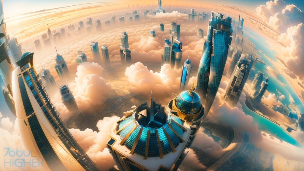 Arabian style view of a city with skyscrapers and some clouds, City in the clouds, Huge skyscraper, Soar above the city, a City in the clouds, Dubai, Sky - High viewpoint, skyscrapers and flying cars, Soaring above the densely populated city, Awesome Wallpapers, Sky City, Fascinating, Futuristic cityscape photo