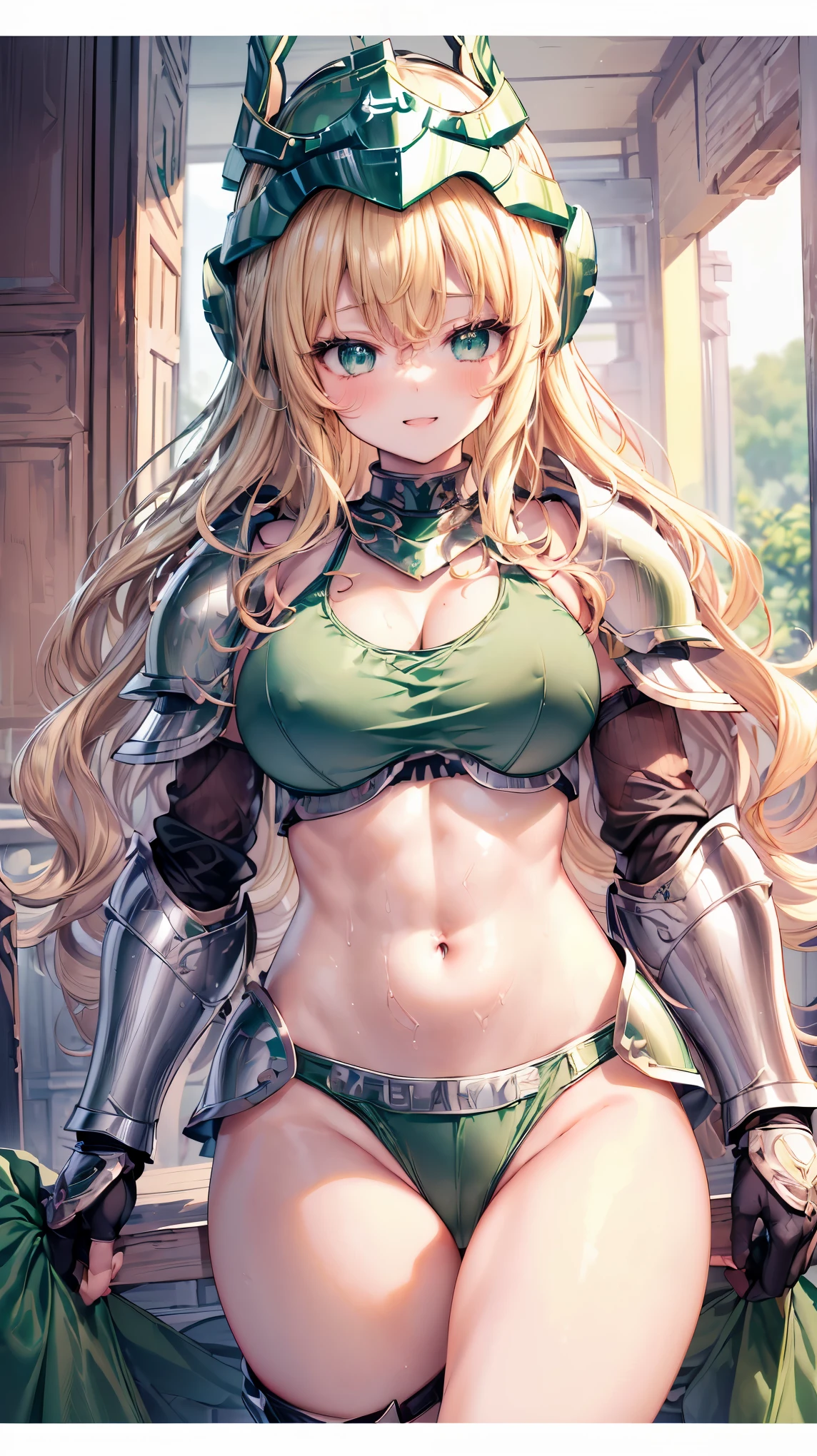 Very detailed、highest quality、Best image quality、masterpiece、8k、Anime Face、A kind smile、Open your mouth、Sparkling blue eyes、(Blonde wavy hair:1.5)、、Muscles of the whole body、camisole、Thigh belt、mini skirt、(Wearing green bikini armor:1.5)、(Cowboy Shot:1.5)、(Leg armor:1.5)、(Wearing a helmet:1.5)