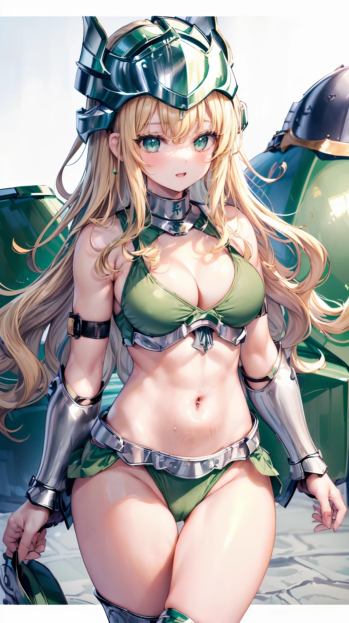 Very detailed、highest quality、Best image quality、masterpiece、8k、Anime Face、A kind smile、Open your mouth、Sparkling blue eyes、(Blonde wavy hair:1.5)、、Muscles of the whole body、camisole、Thigh belt、mini skirt、(Wearing green bikini armor:1.5)、(Cowboy Shot:1.5)、(Leg armor:1.5)、(Wearing a helmet:1.5)