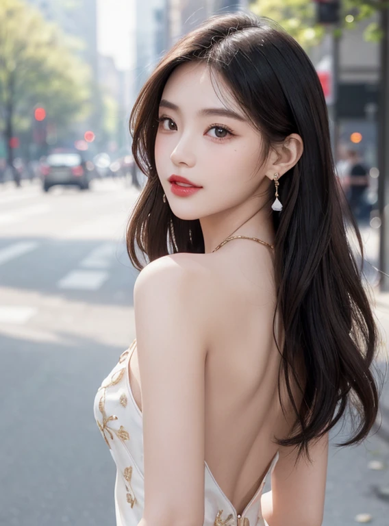 Beautiful girl: Asian, super adorable;
Age: 18-20 years old;
Hair: copper orange, silky, shimmering in the sunlight, detailed;
Skin: ivory white, rosy without blemish;
Eyes: deep black, almond-shaped, , youthful, clear, ultra-detailed, elegant, enticing, sharply made up, realistic, captivating;
Eyelids: graceful, perfectly beautiful;
Eyebrows: curved, sparse, sharp;
Face: beautiful, pure, like a fairy, lightly made up, adorable, perfectly proportioned, beautiful in every detail;
Nose: cute, lovely, high;
Cheeks: prominent;
Lips: charming, lightly red lipstick, lovely gloss;
Teeth: bright, radiant smile, pure white;
Body: full of youthfulness;
Accessories: necklace, earrings, jade bracelet;
Clothing: silk, exquisite, embroidered with flowers;
Fashion style: upscale, modern 2024, elegant;
Image quality: non-NSFW, 8K CG HD, sharp, superb graphics, professional, detailed, vibrant colors, ultra-smooth, advanced techniques, authentic RAW;
Lighting: complex color combinations, dark golden rays;
Sunlight: sparkling, illuminating the girl's figure;
Background: bustling streets, refreshing green trees.
The girl is posing with her back towards the viewer.