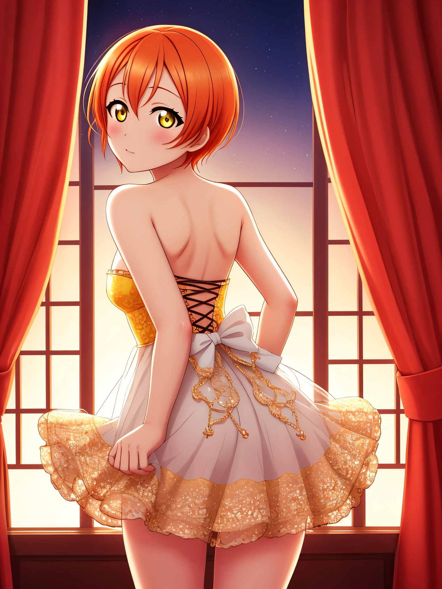 (best quality,ultra-detailed), cowboy shot,Hoshizora Rin,orange hair,yellow eyes,looking_at_viewer, blush, dress, bare_shoulders, standing, ass, shiny, looking_back, clothes_lift, from_behind, see-through, strapless, night, back, thigh_gap, curtains, cross-laced_clothes, k,portraits,vivid colors,warm tones,soft lighting,standing 